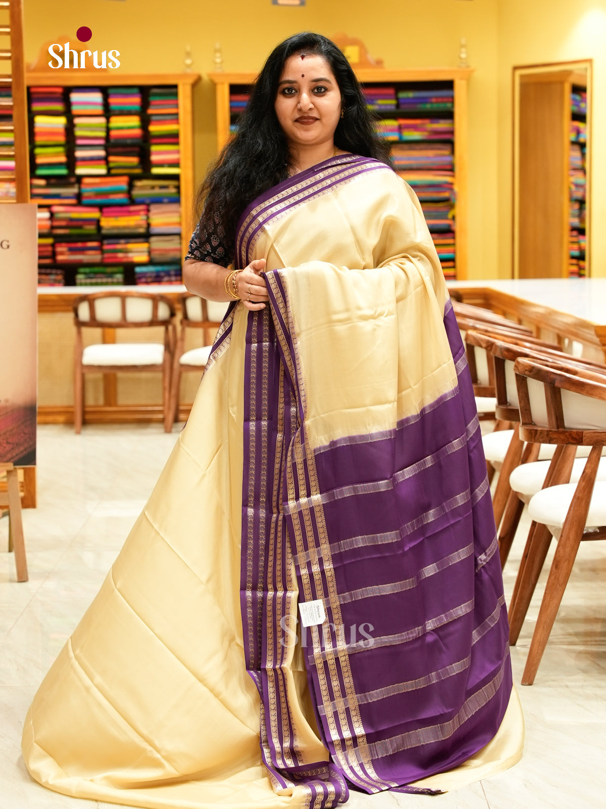 Cream Mysore Silk Saree | Violet Contrast Border