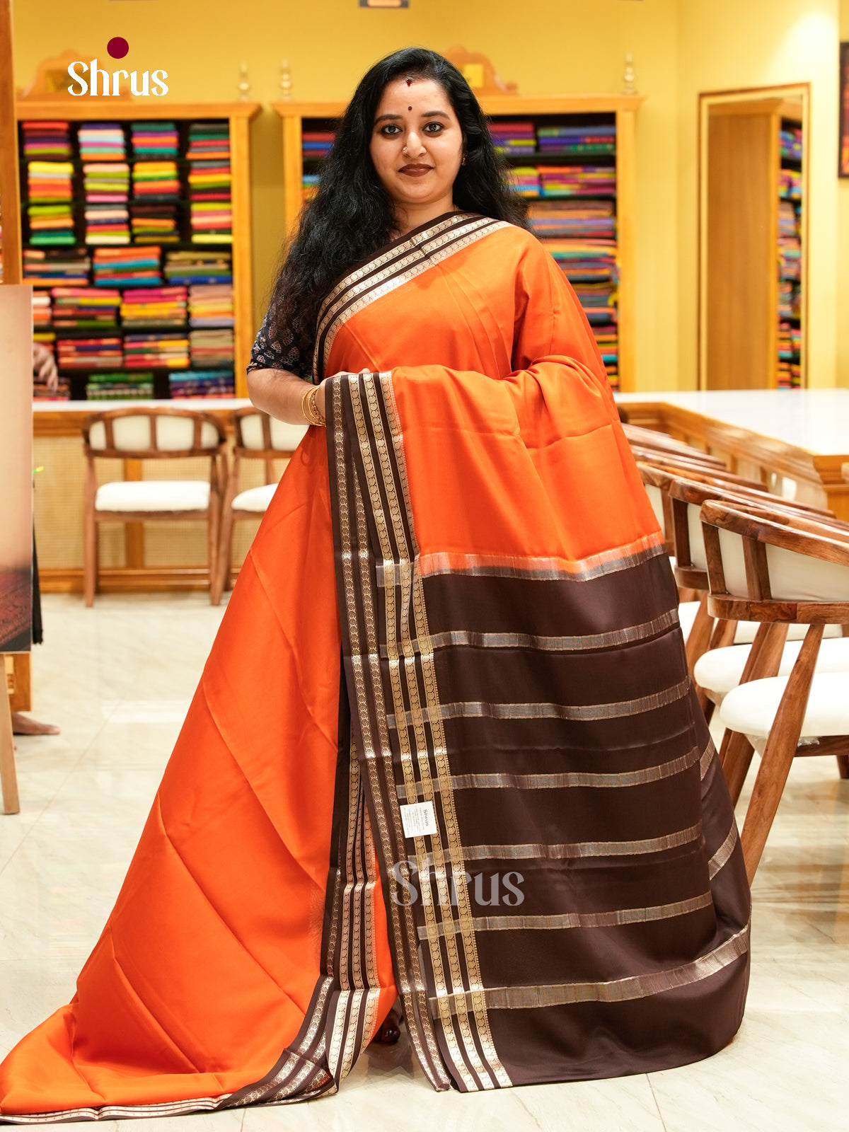 Dark Orange Mysore Silk Saree | Dark Brown Contrast Border