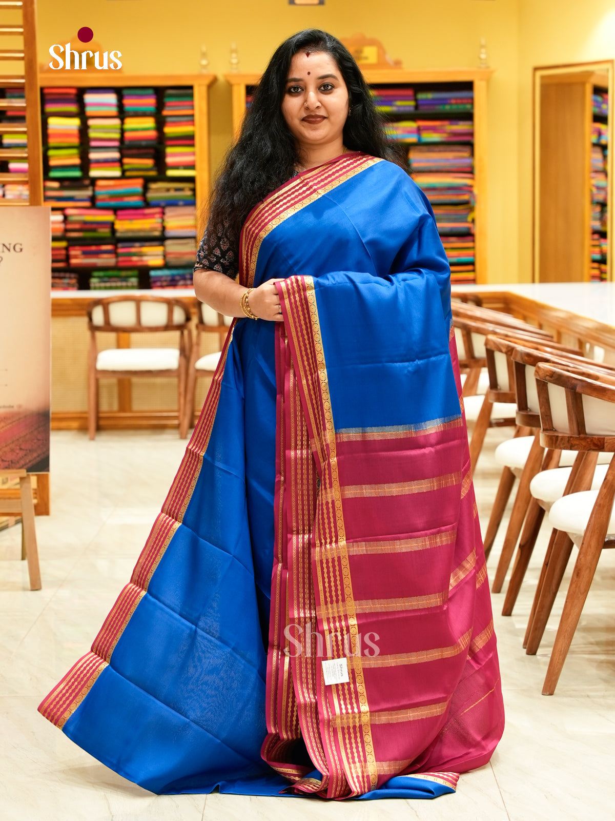 Peacock Blue Mysore Silk Saree | Pink Contrast Border