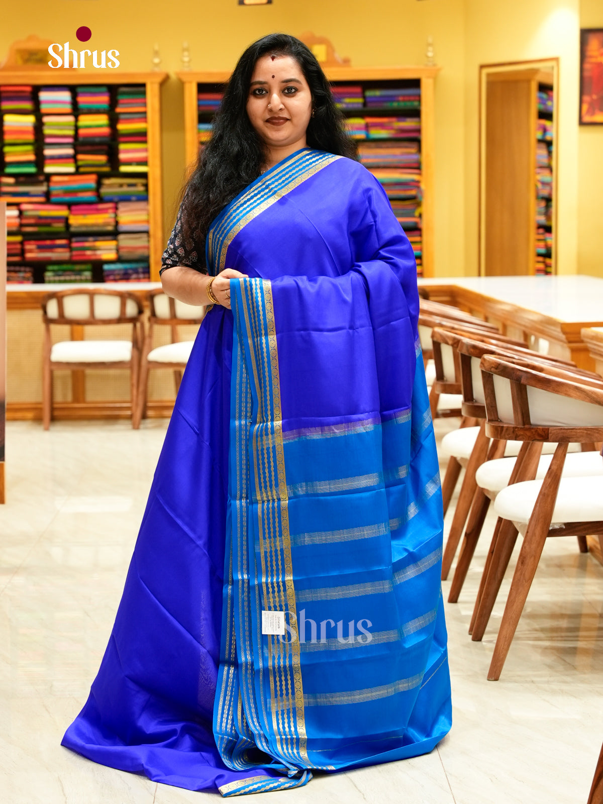 Royal Blue Mysore Silk Saree | Teal Blue Contrast Border