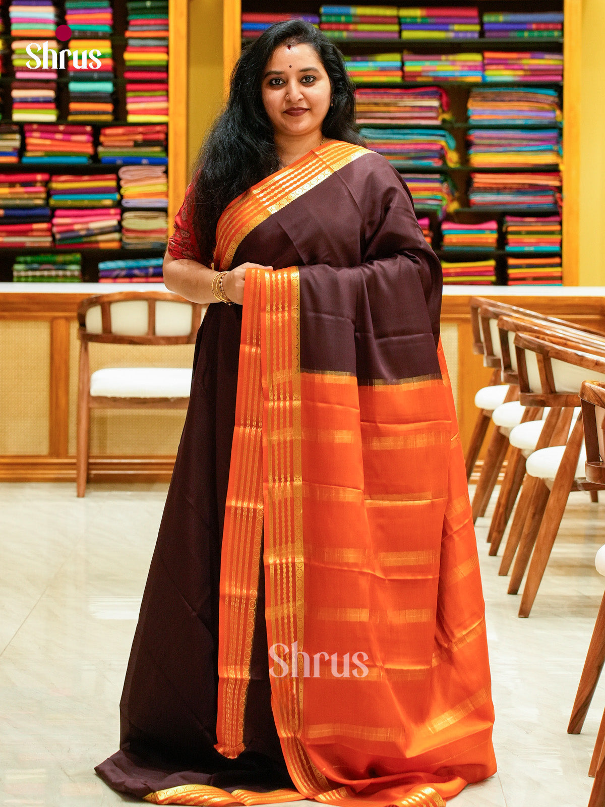 Dark Brown Mysore Silk Saree | Dark Orange Contrast Border