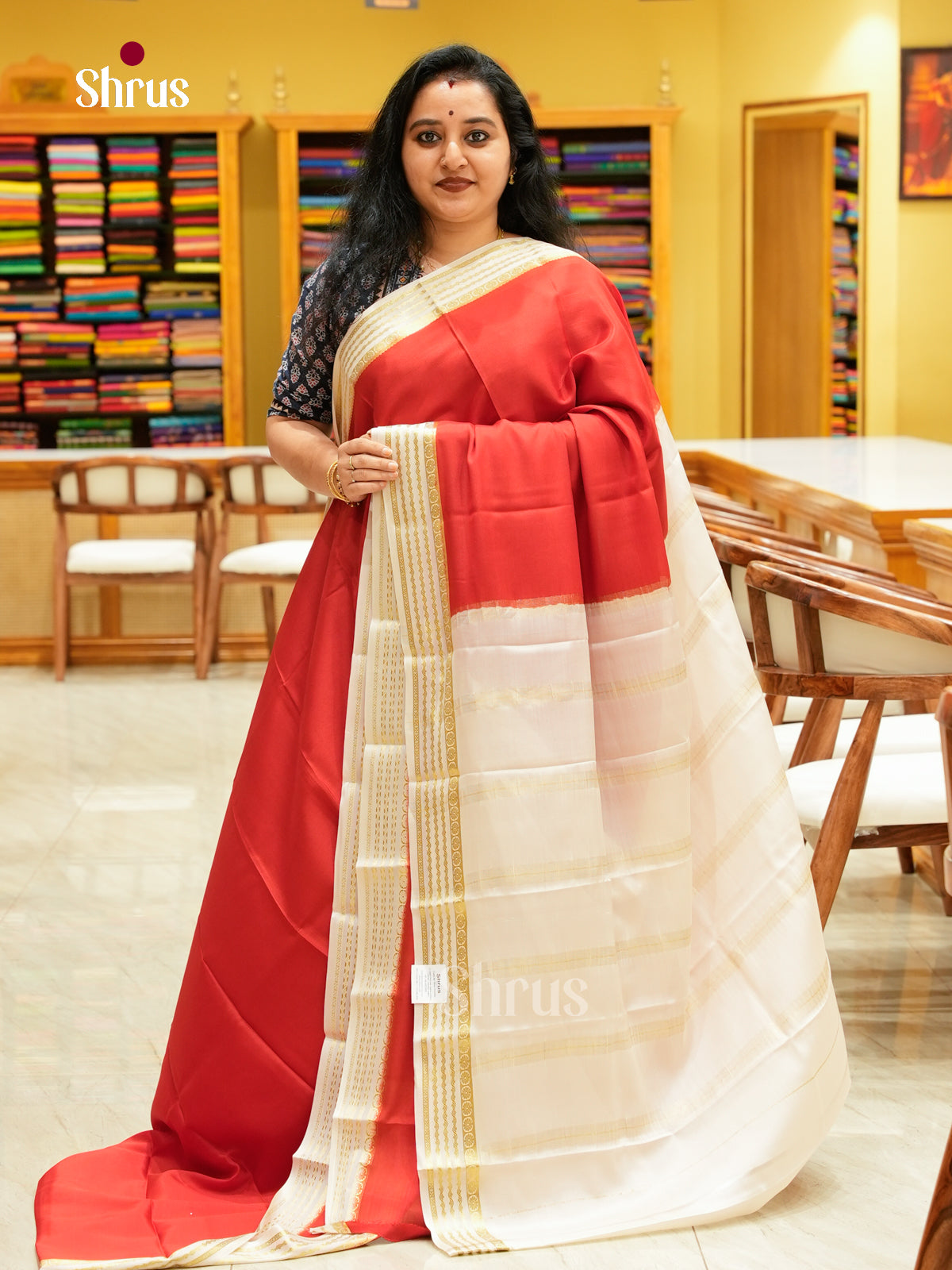 Red Mysore Silk Saree | Off-White Contrast Border