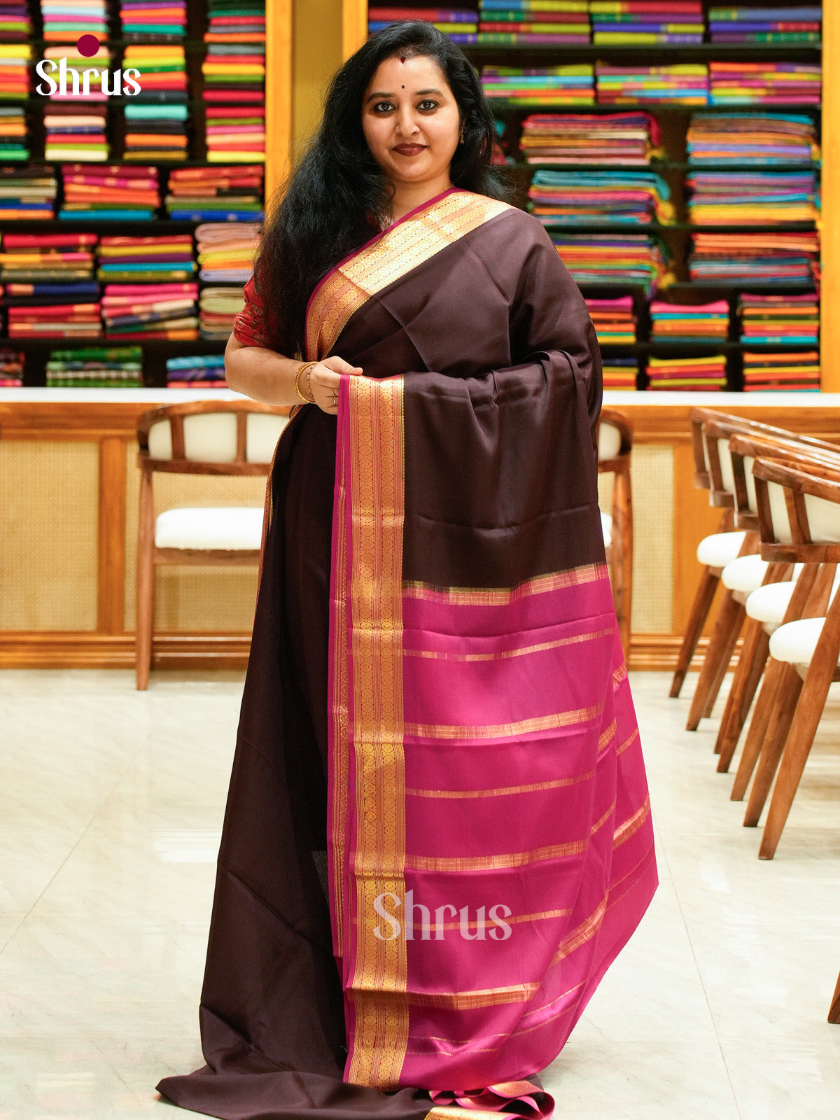Dark Brown Mysore Silk Saree | Pink Contrast Border — EGS02093 - Shop on Shrus.com