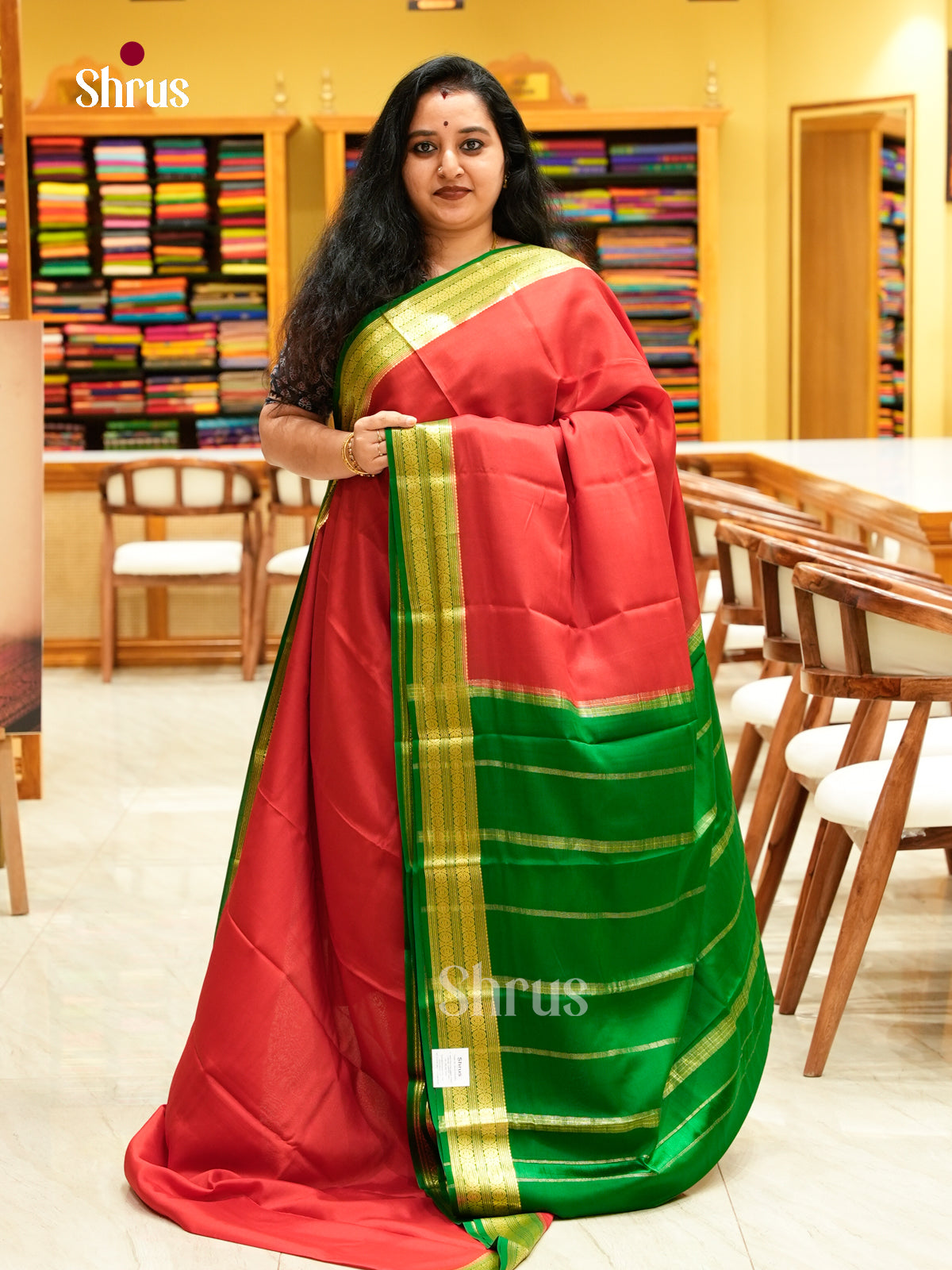 Red Mysore Silk Saree | Green Contrast Border