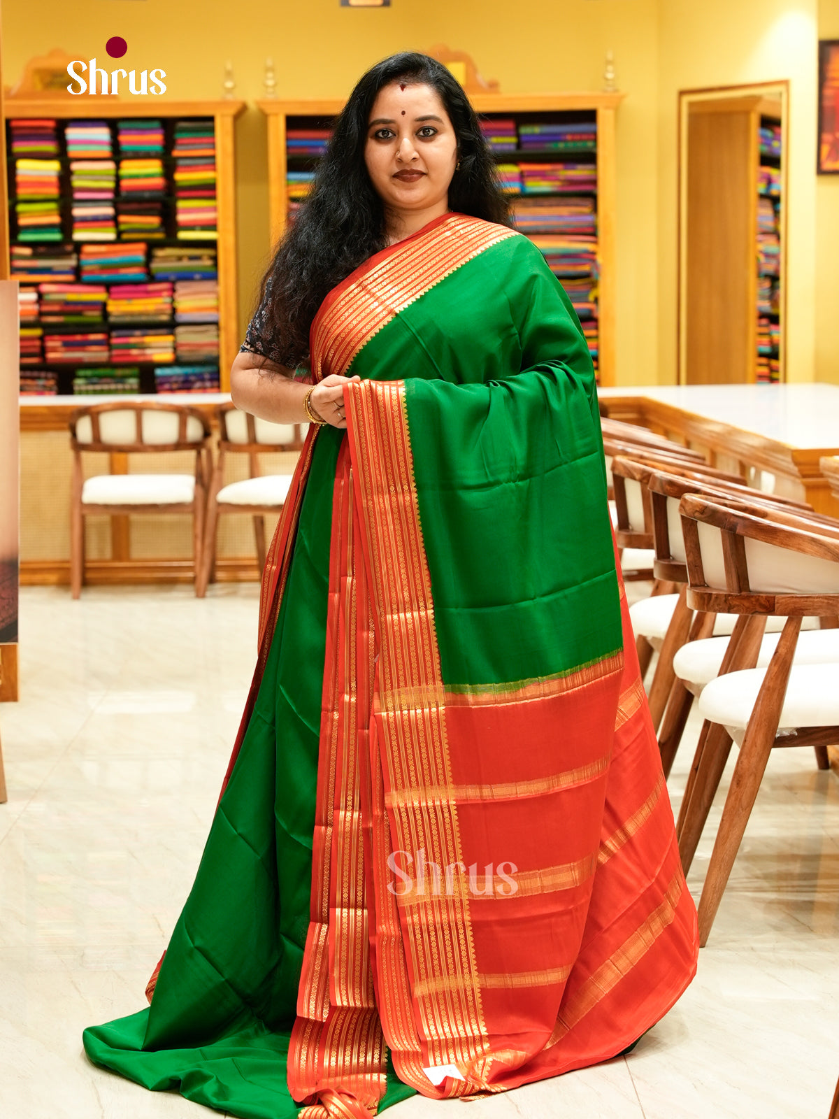 Dark Green Mysore Silk Saree | Red Contrast Border