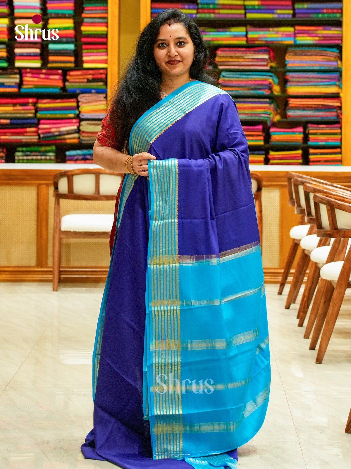 Royal Blue Mysore Silk Saree | Teal Blue Contrast Border — EGS02099