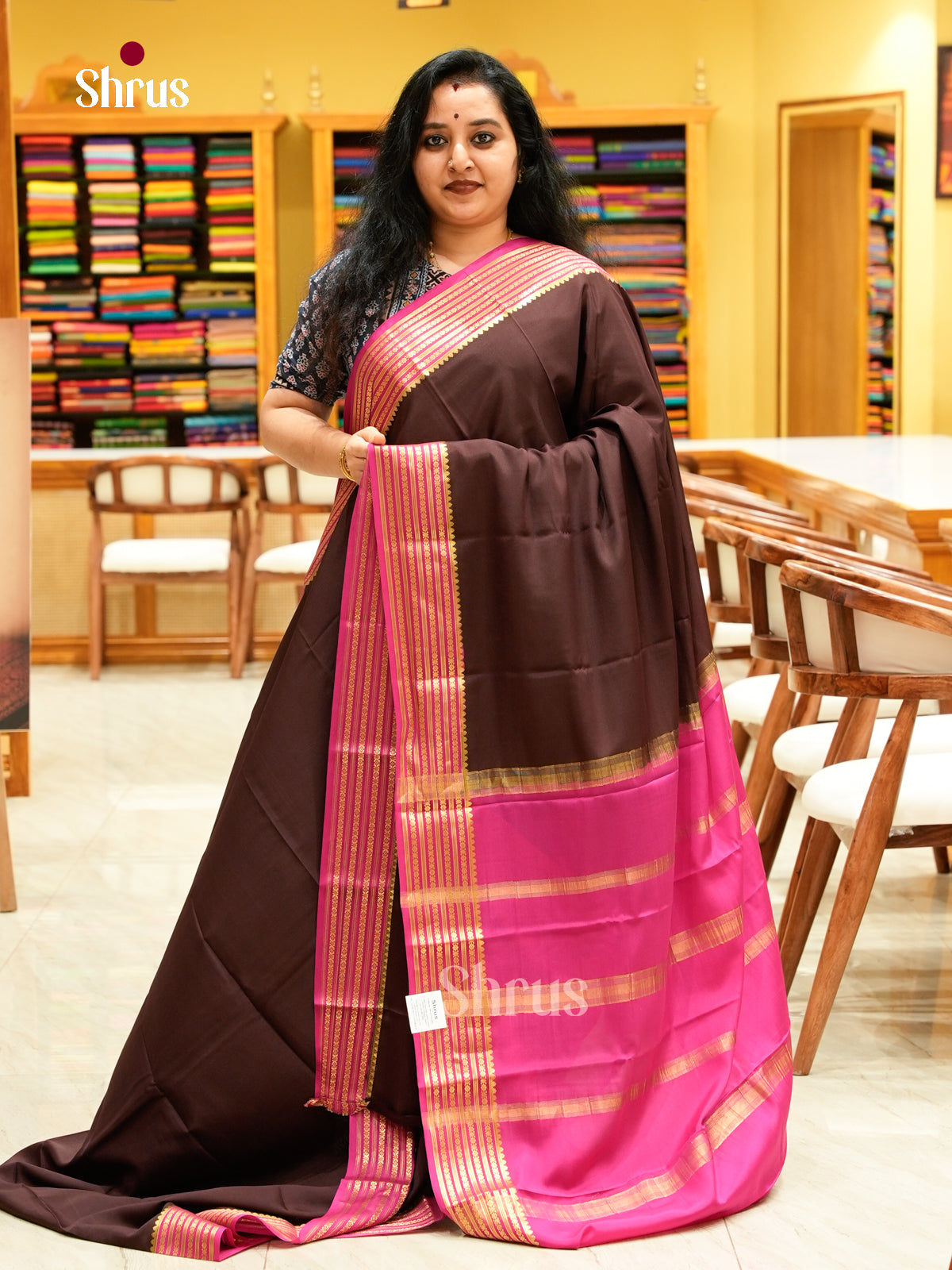 Dark Brown Mysore Silk Saree | Pink Contrast Border — Contrast Border with Motifs