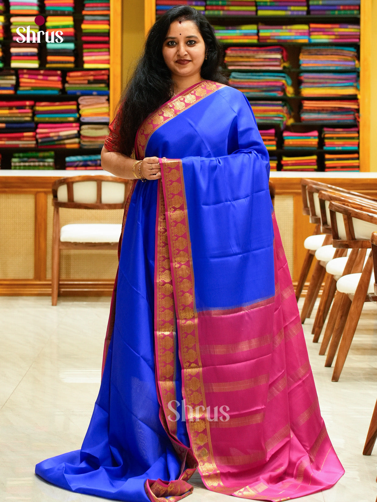 Royal Blue Mysore Silk Saree | Pink Contrast Border - Shop on Shrus.com