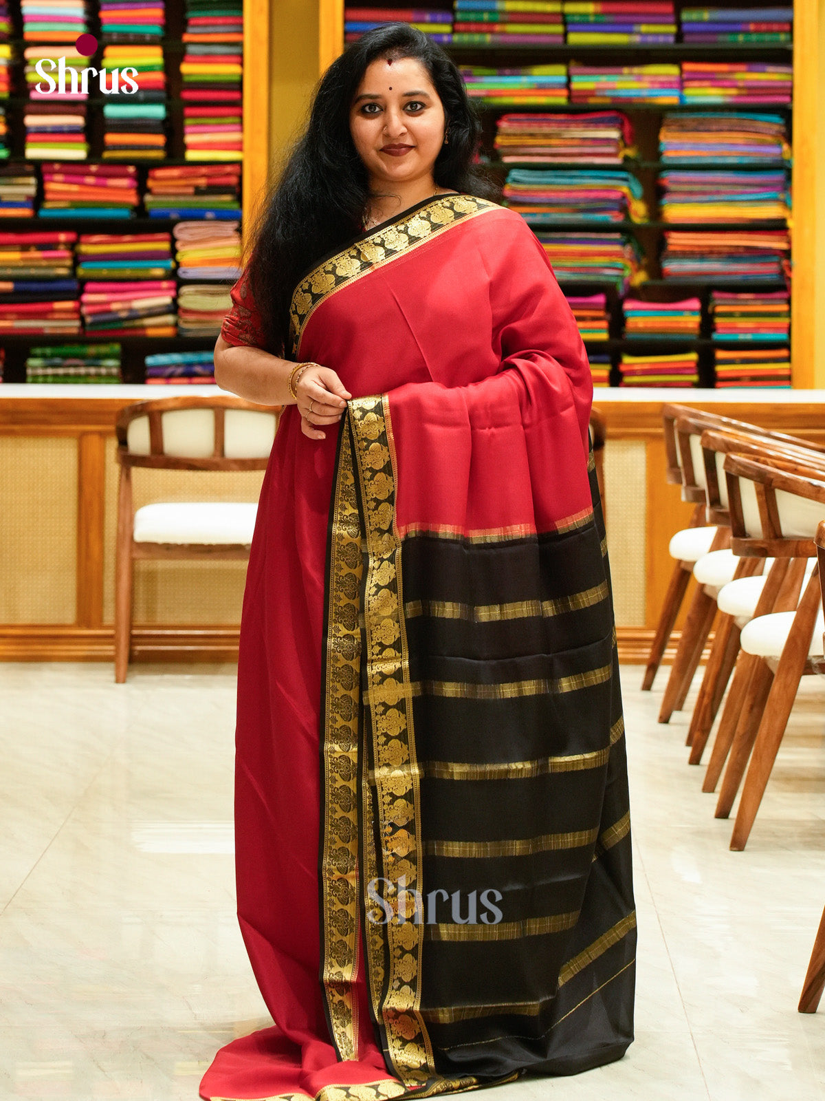 Red Mysore Silk Saree | Black Contrast Border — Contrast Border with Motifs - Shop on Shrus.com