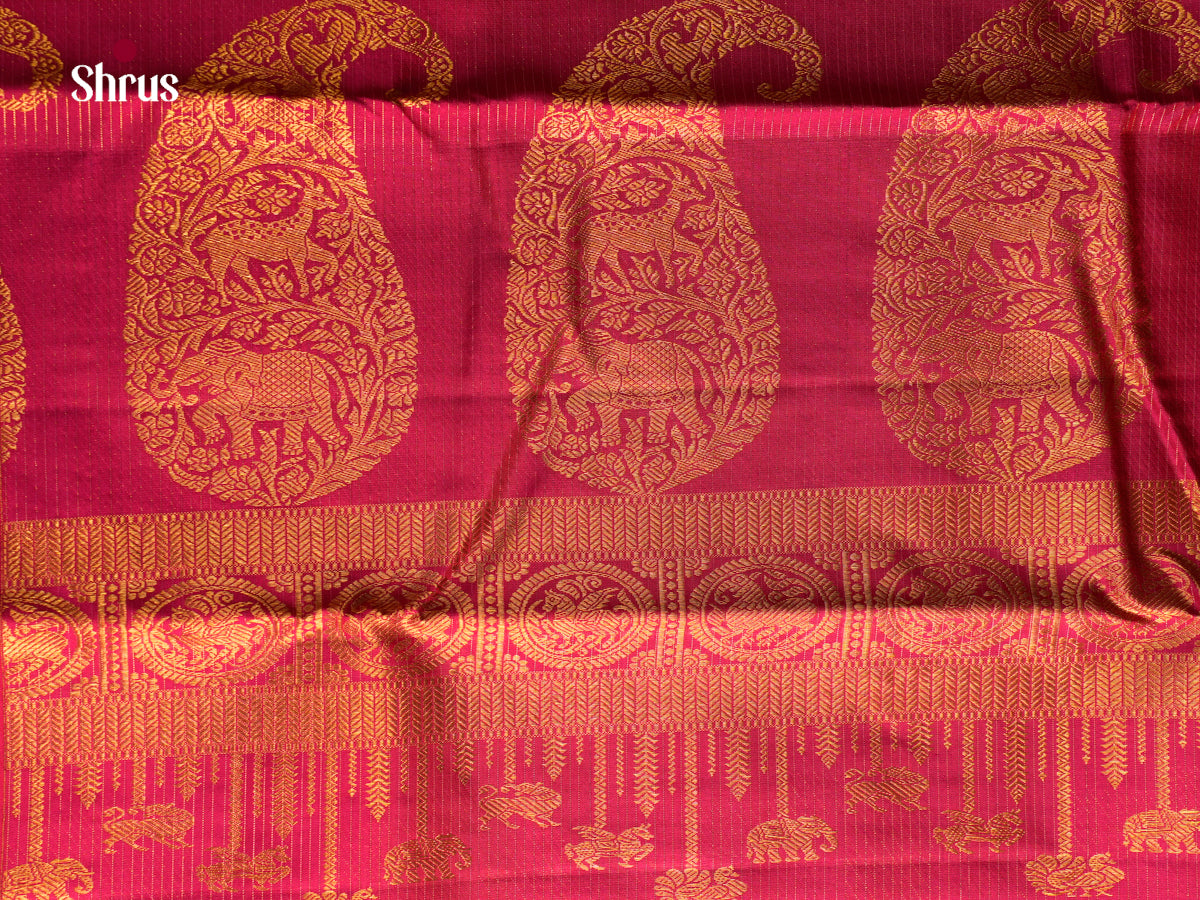 Dark Green Kanchipuram Silk Saree with Checks and Round Zari Buttas | Pink Contrast Border - Shop on Shrus.com