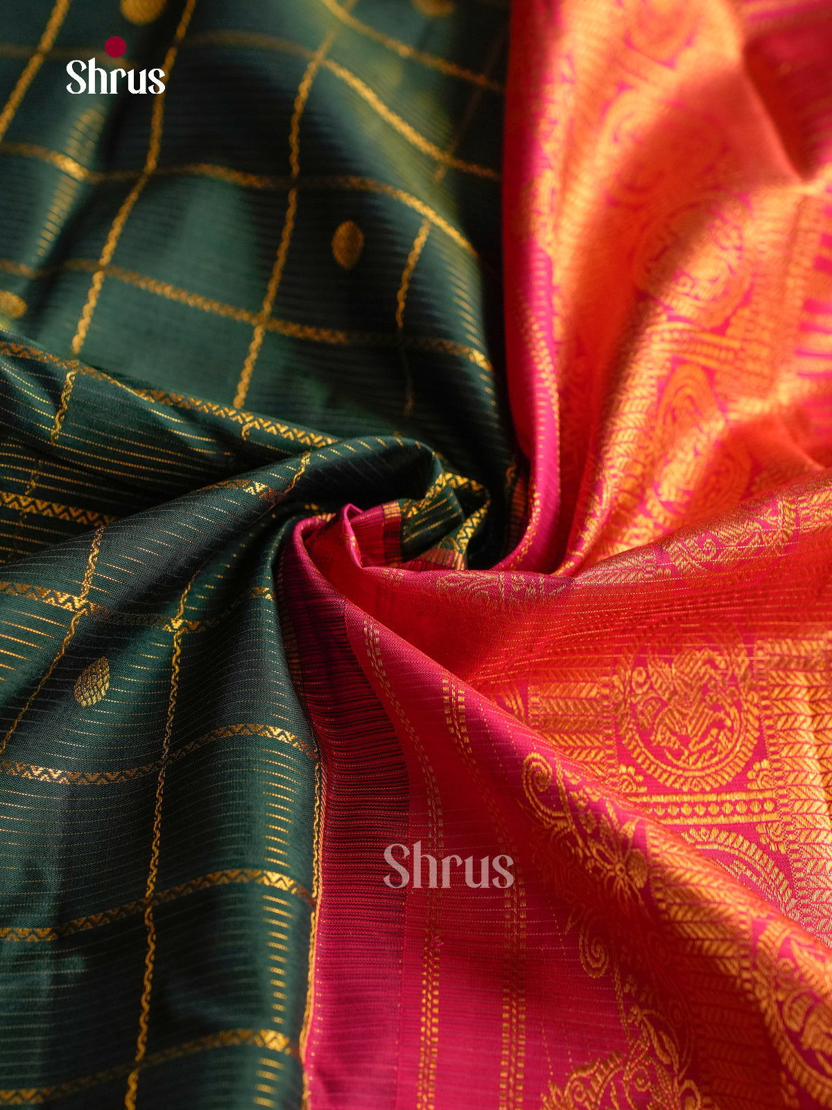 Dark Green Kanchipuram Silk Saree with Checks and Round Zari Buttas | Pink Contrast Border - Shop on Shrus.com