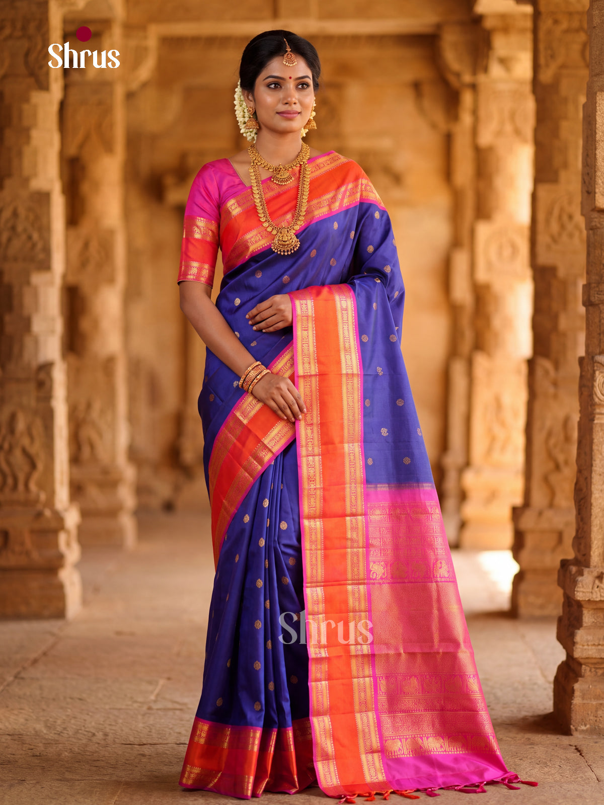 Serene Royal Blue Bridal Kanchipuram Silk Saree with Rudraksh & Bird Buttas | Magenta Rettaipet Border - Shop on Shrus.com