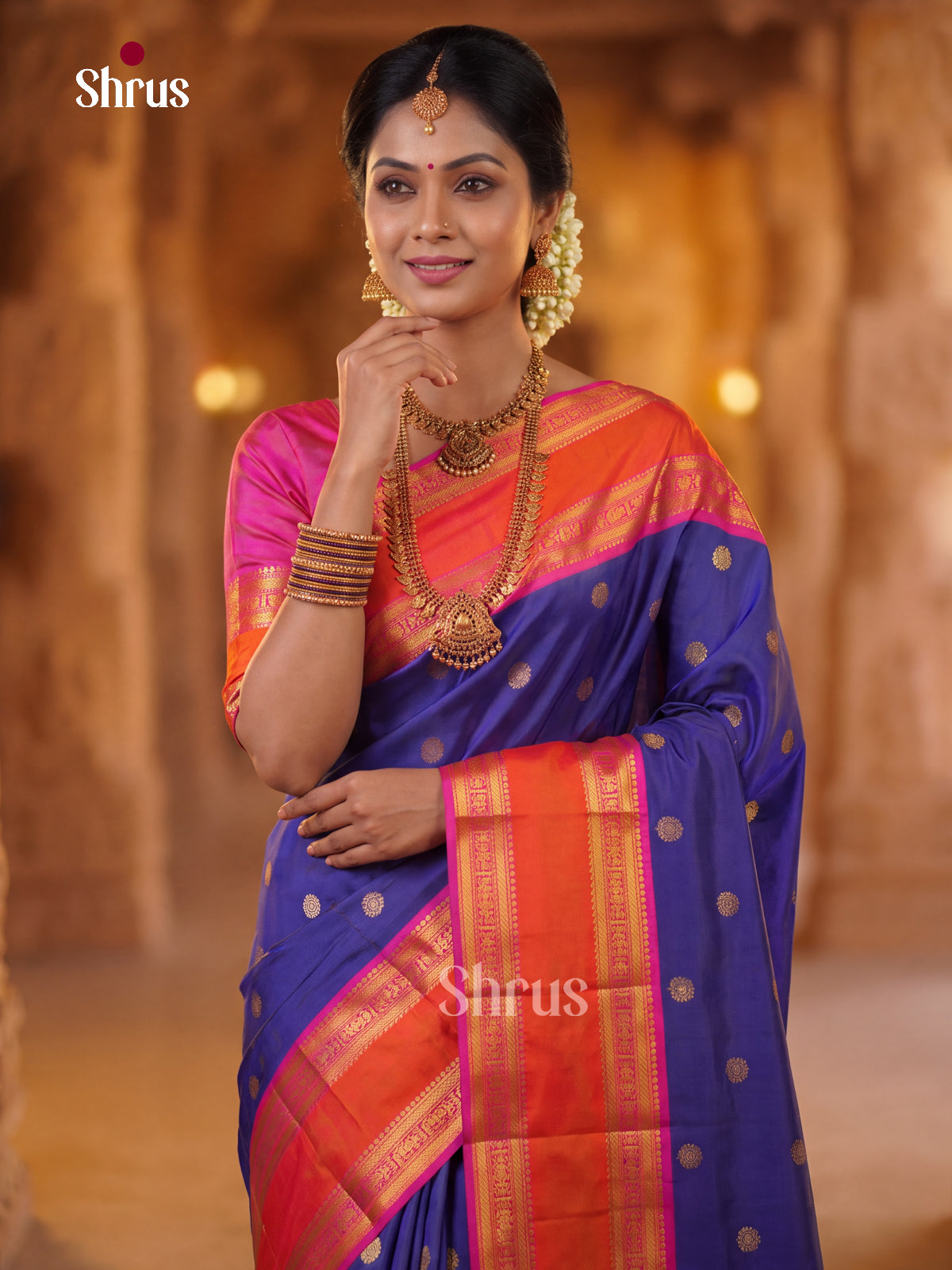 Serene Royal Blue Bridal Kanchipuram Silk Saree with Rudraksh & Bird Buttas | Magenta Rettaipet Border - Shop on Shrus.com