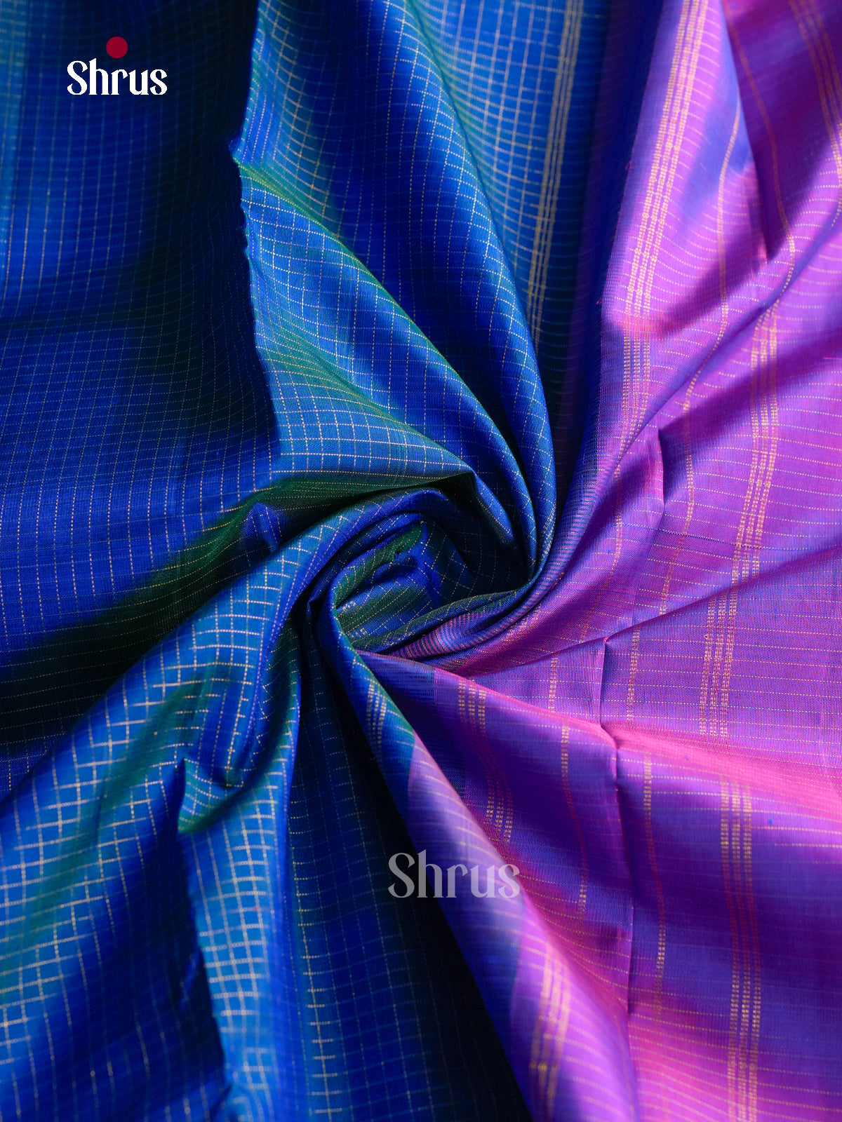 Classy Dual Tone Blue 9Yards Silk Sarees With Small Checks | Violet Zari Border & Pallu