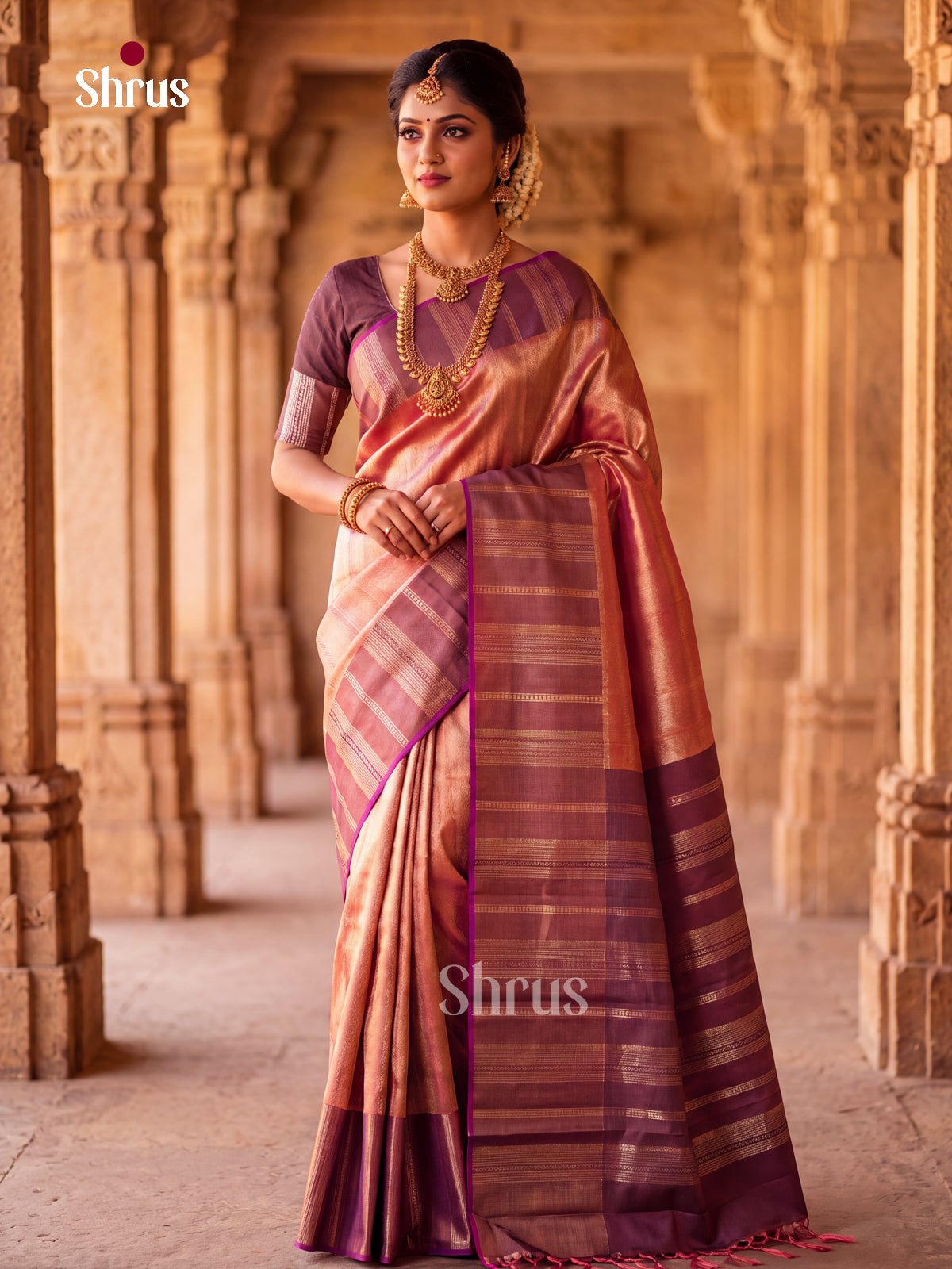 Fiery Rust Orange Bridal Kanchipuram Silk Saree with Self Textured | Wine Striped Border - Shop on Shrus.com