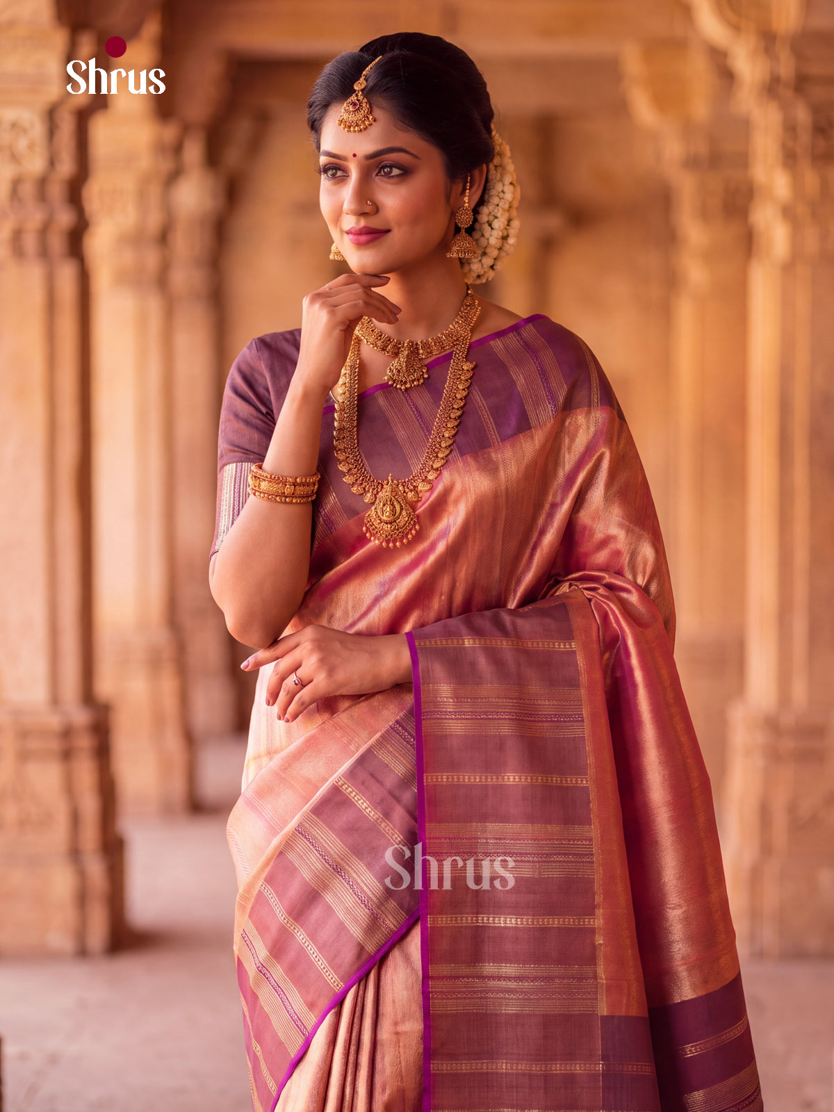 Fiery Rust Orange Bridal Kanchipuram Silk Saree with Self Textured | Wine Striped Border - Shop on Shrus.com