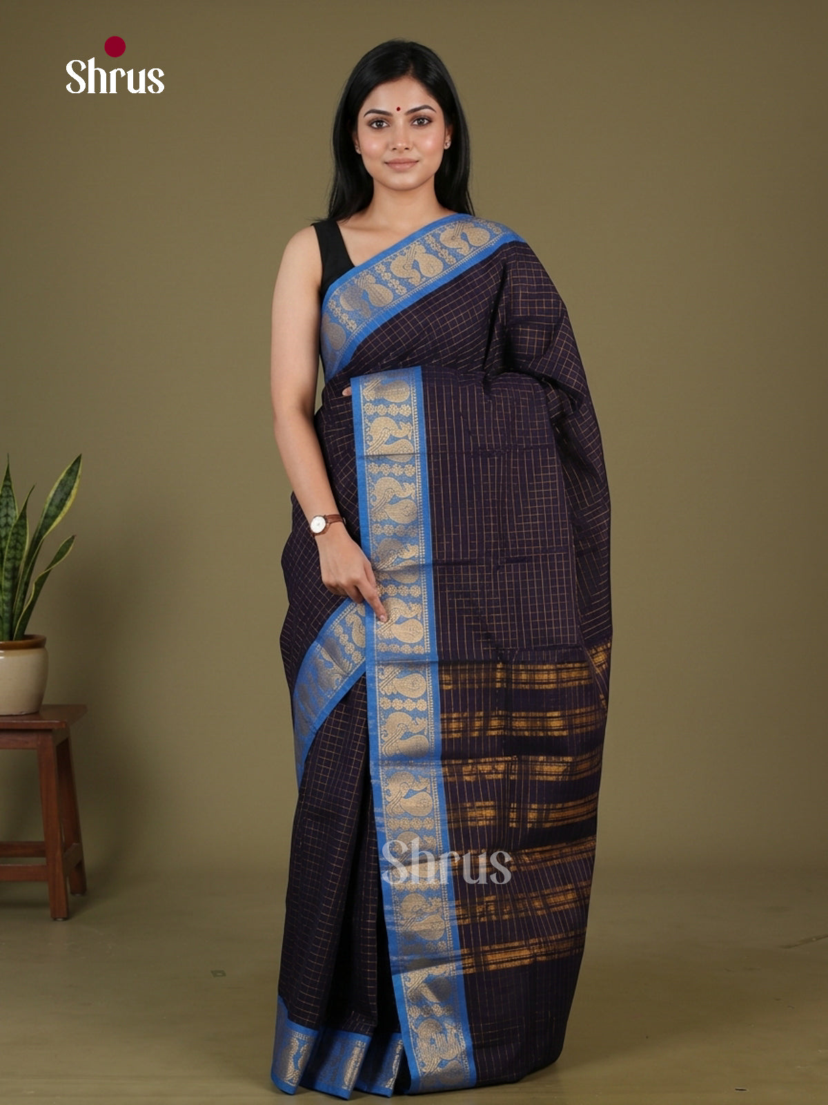 Navy Blue & Blue - Sungudi Cotton Saree