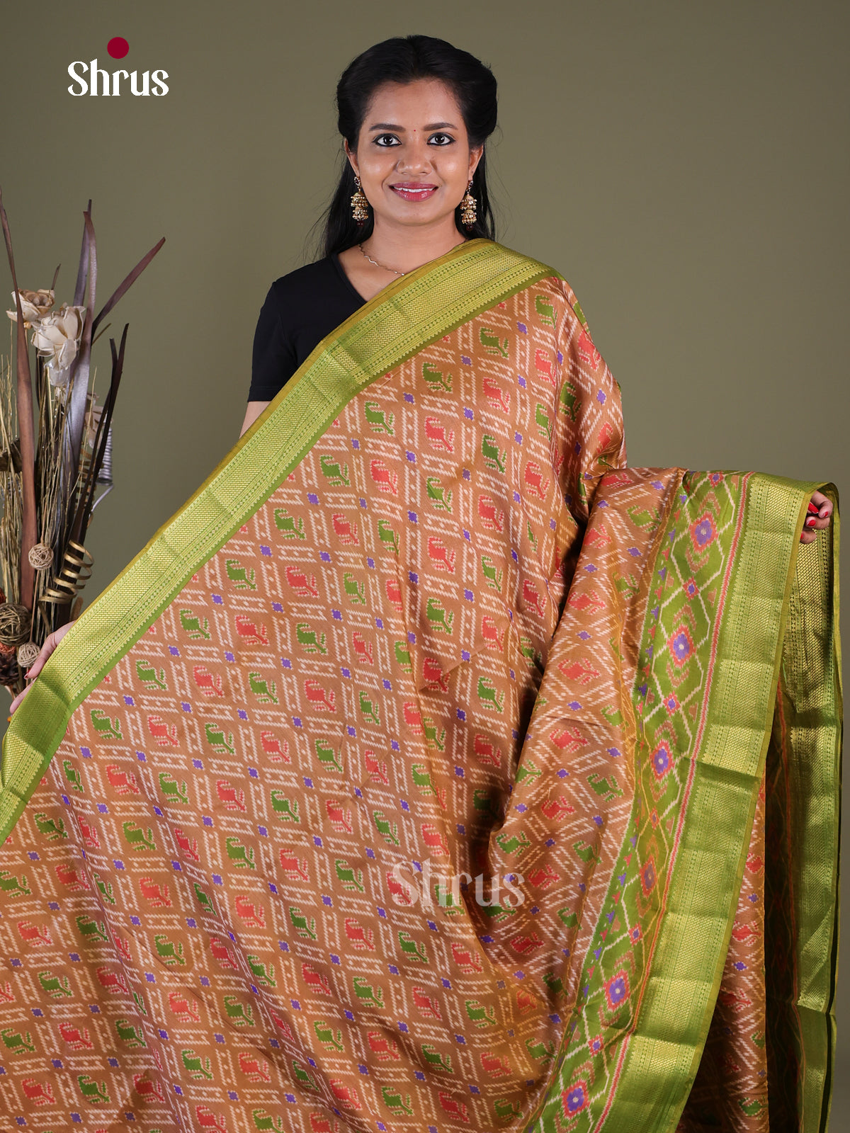 Brown & Light Green - Semi Patola Saree