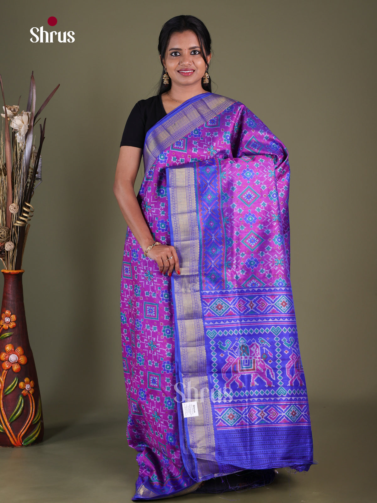 Purple & Blue- Semi Patola Saree - Shop on Shrus.com