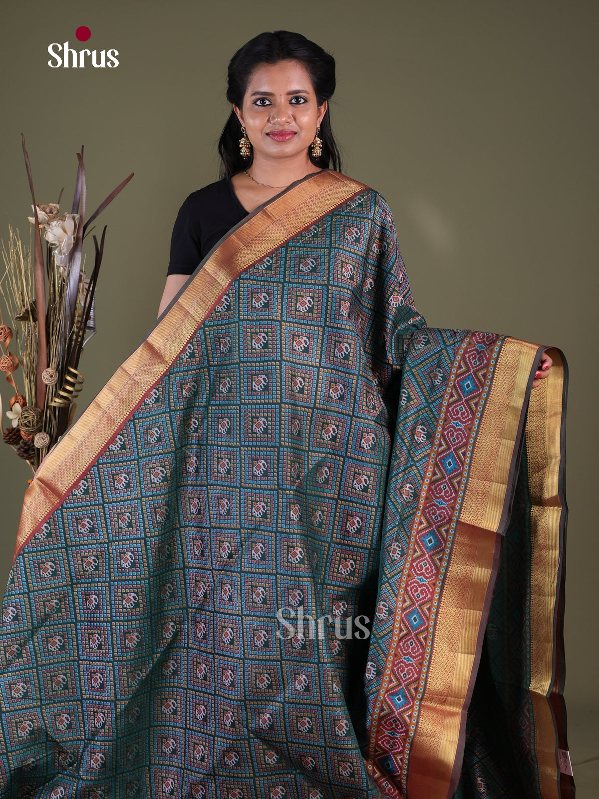 Peacock Blue & Brown - Semi Patola Saree