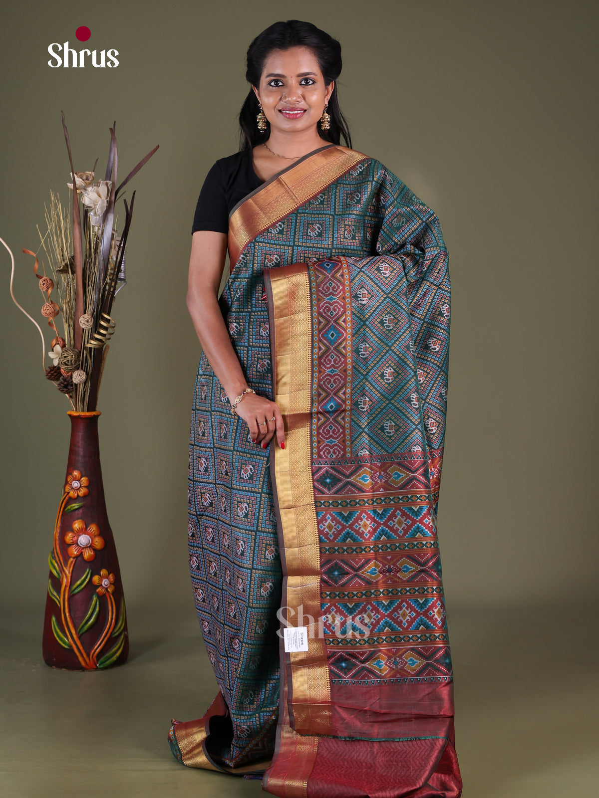 Peacock Blue & Brown - Semi Patola Saree