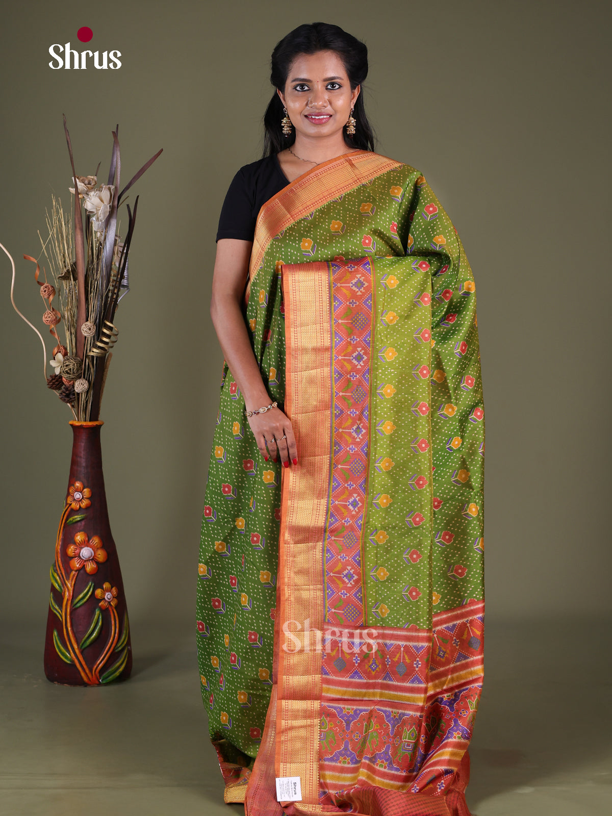 Light Green & Orange - Semi Patola Saree