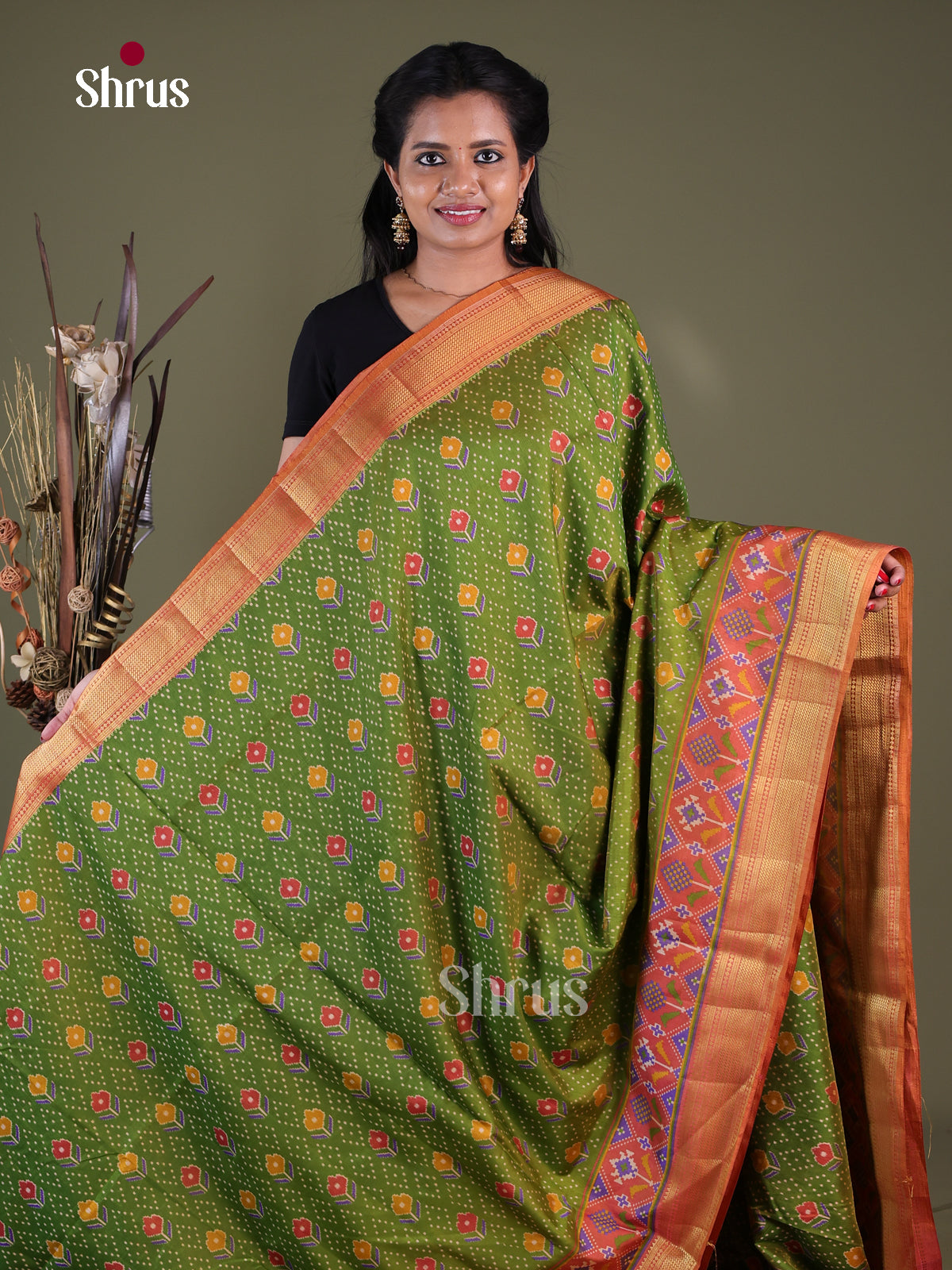 Light Green & Orange - Semi Patola Saree