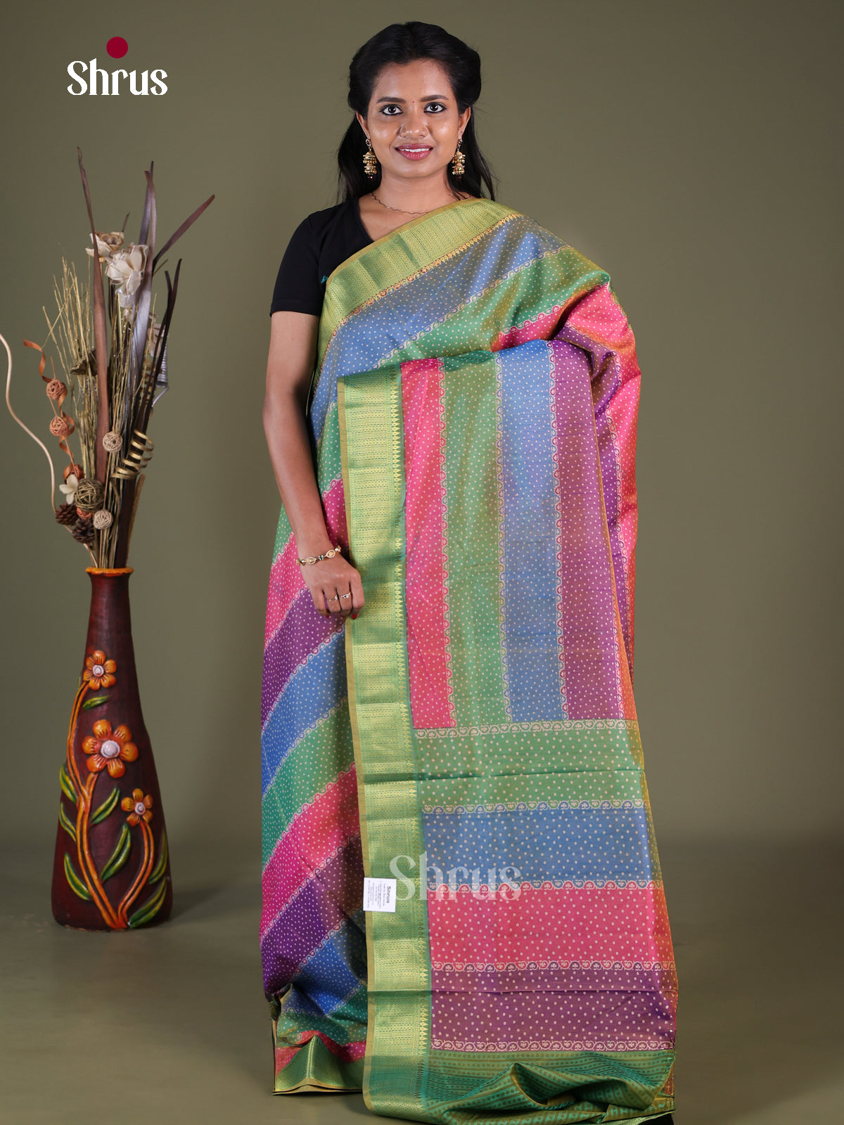 Multicolor & Green - Semi Patola Saree