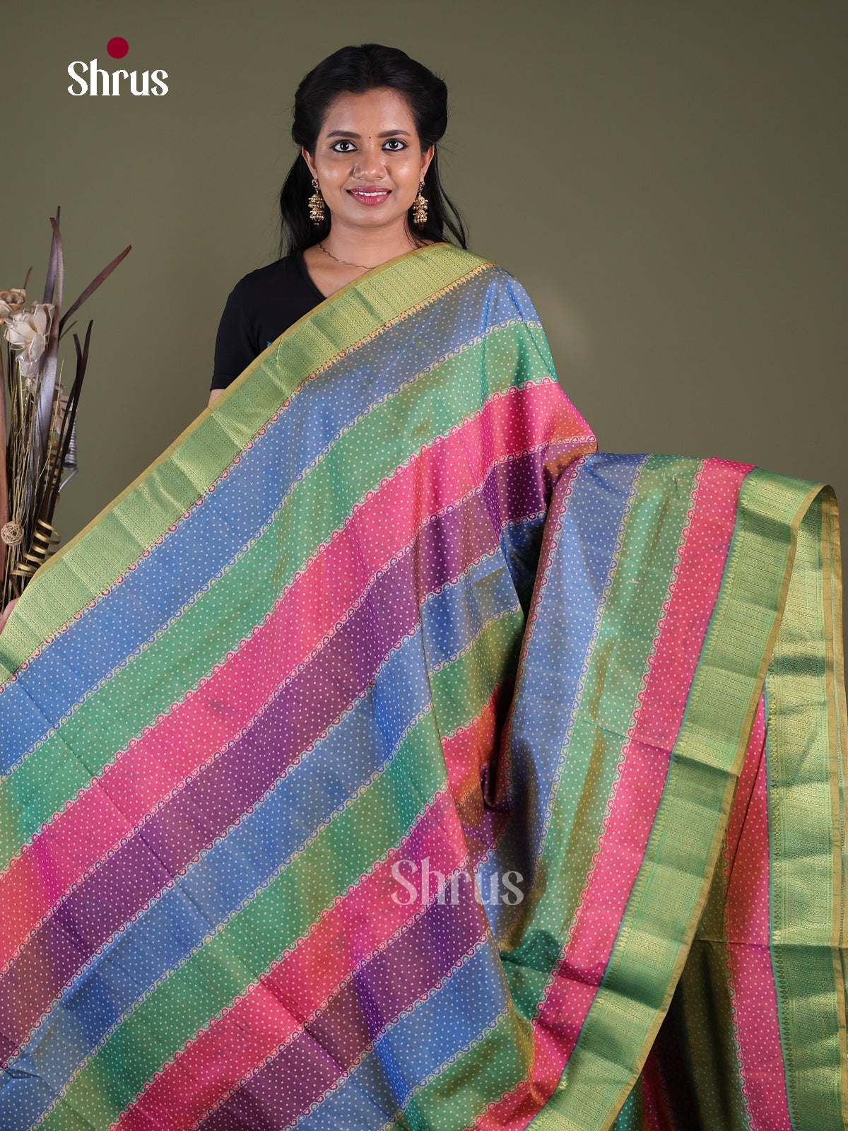 Multicolor & Green - Semi Patola Saree