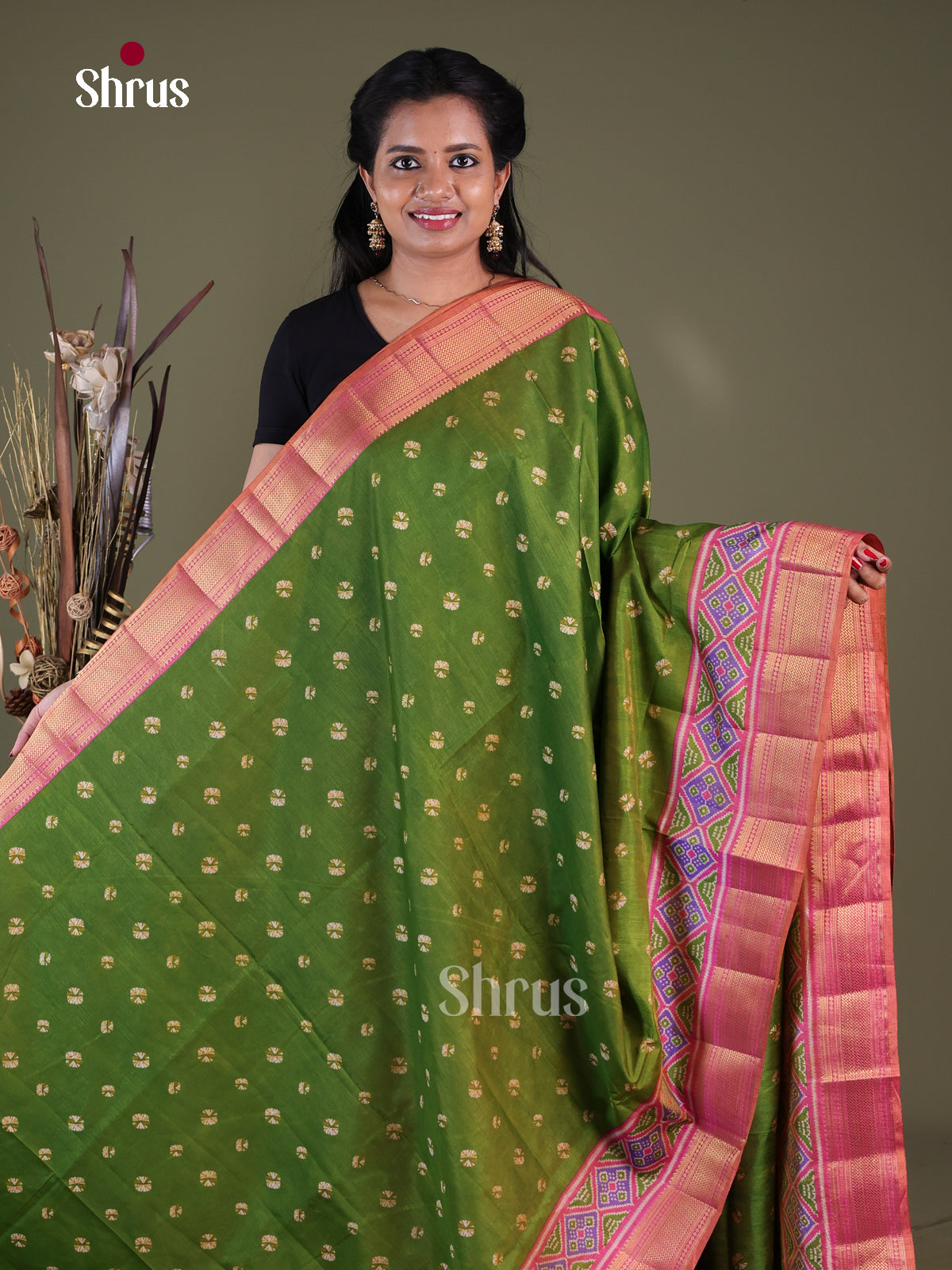 Green & Pink- Semi Patola Saree - Shop on Shrus.com