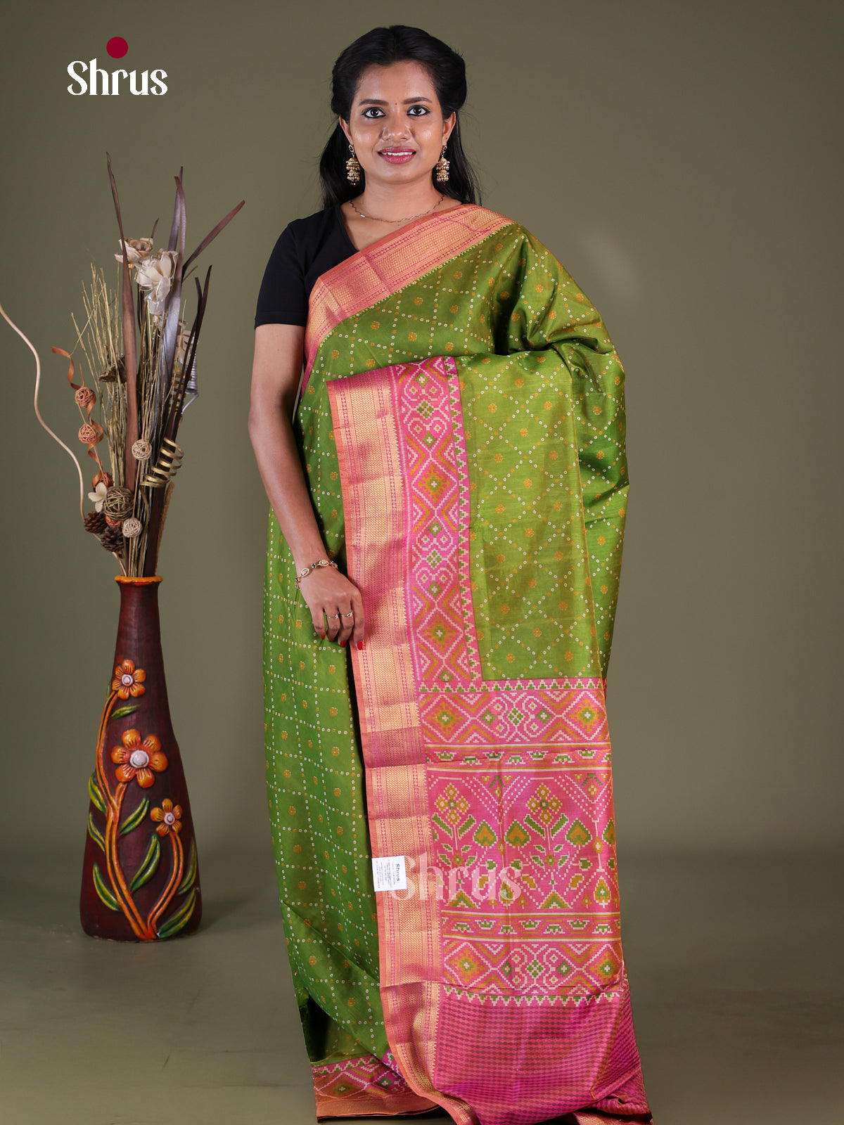 Light Green & Pink- Semi Patola Saree