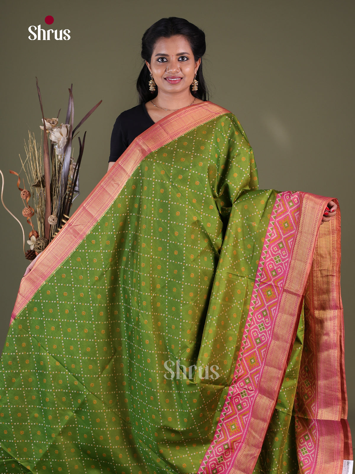 Light Green & Pink- Semi Patola Saree