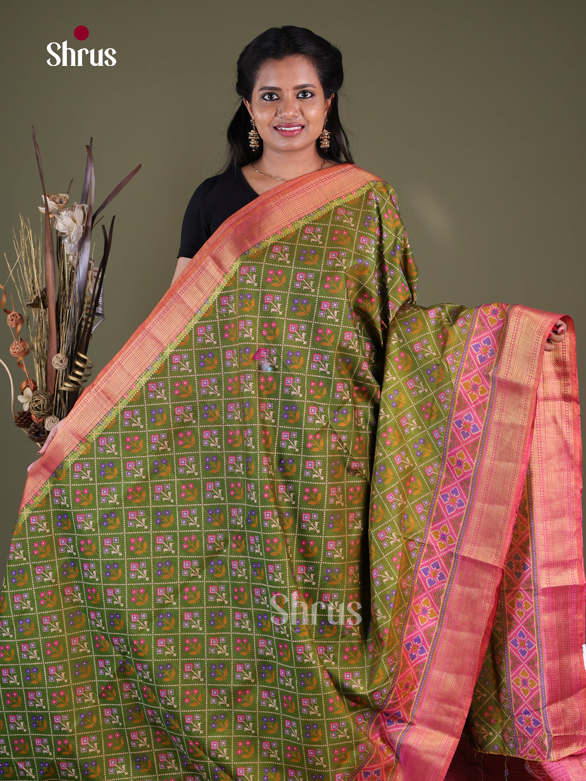 Green & Pink- Semi Patola Saree