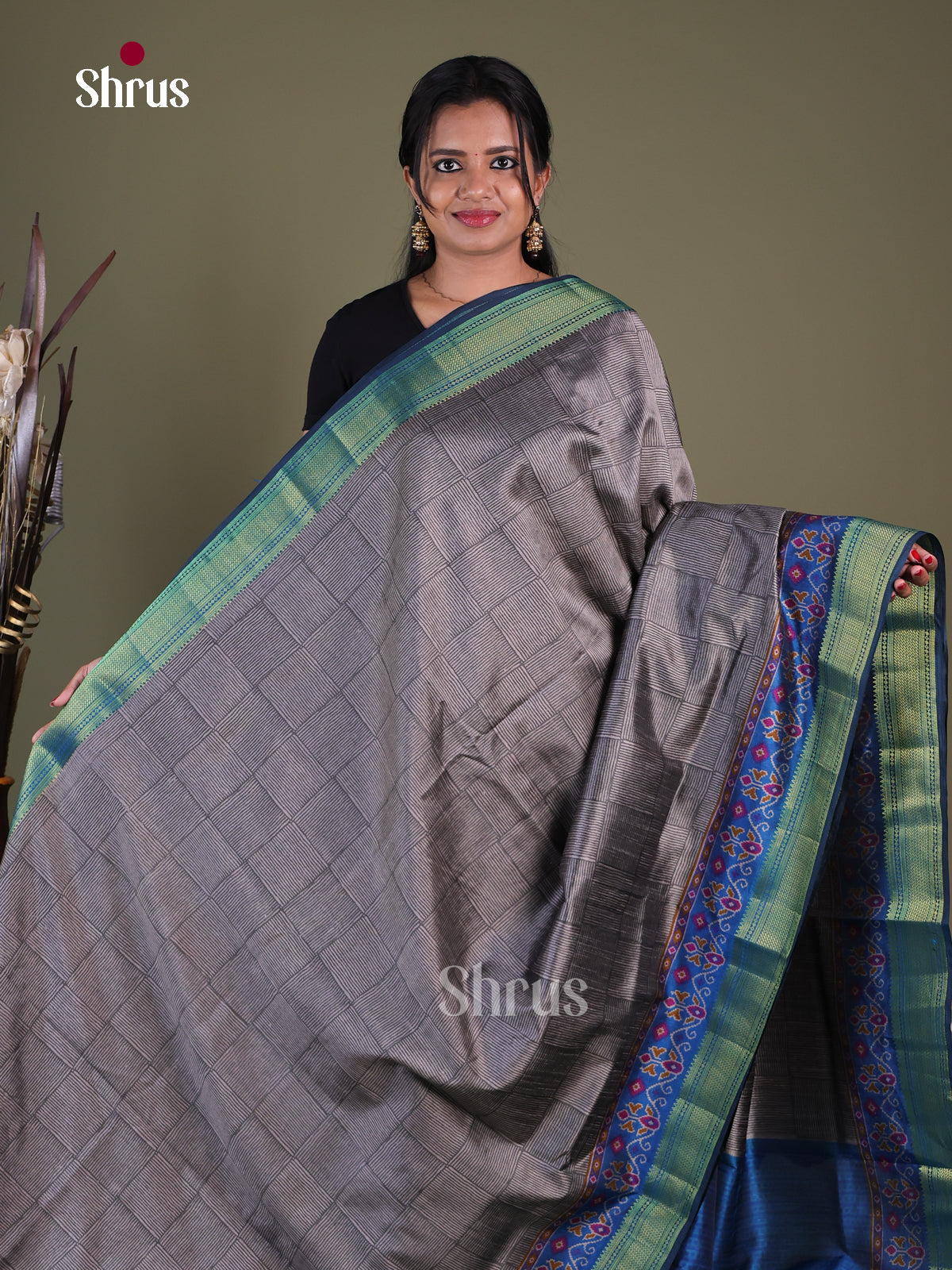 Grey & Blue- Semi Patola Saree