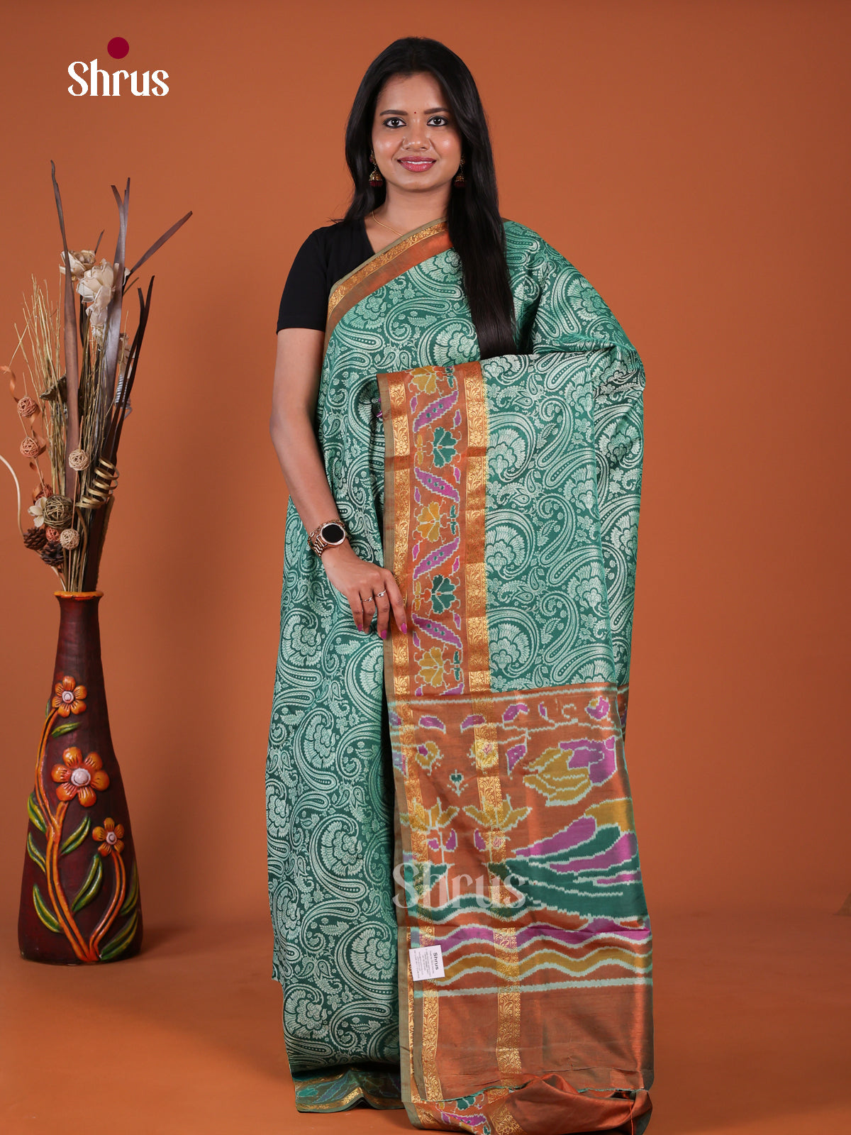 Green &  Brown - Semi Patola Saree