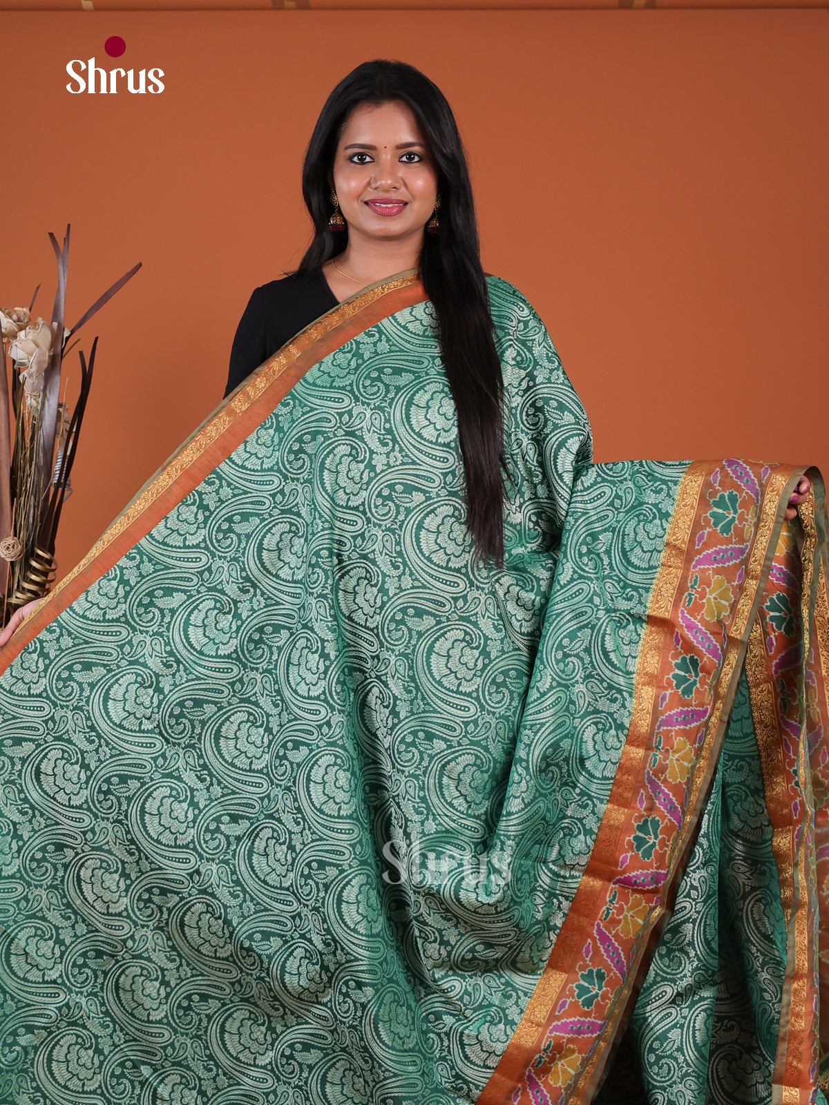 Green &  Brown - Semi Patola Saree