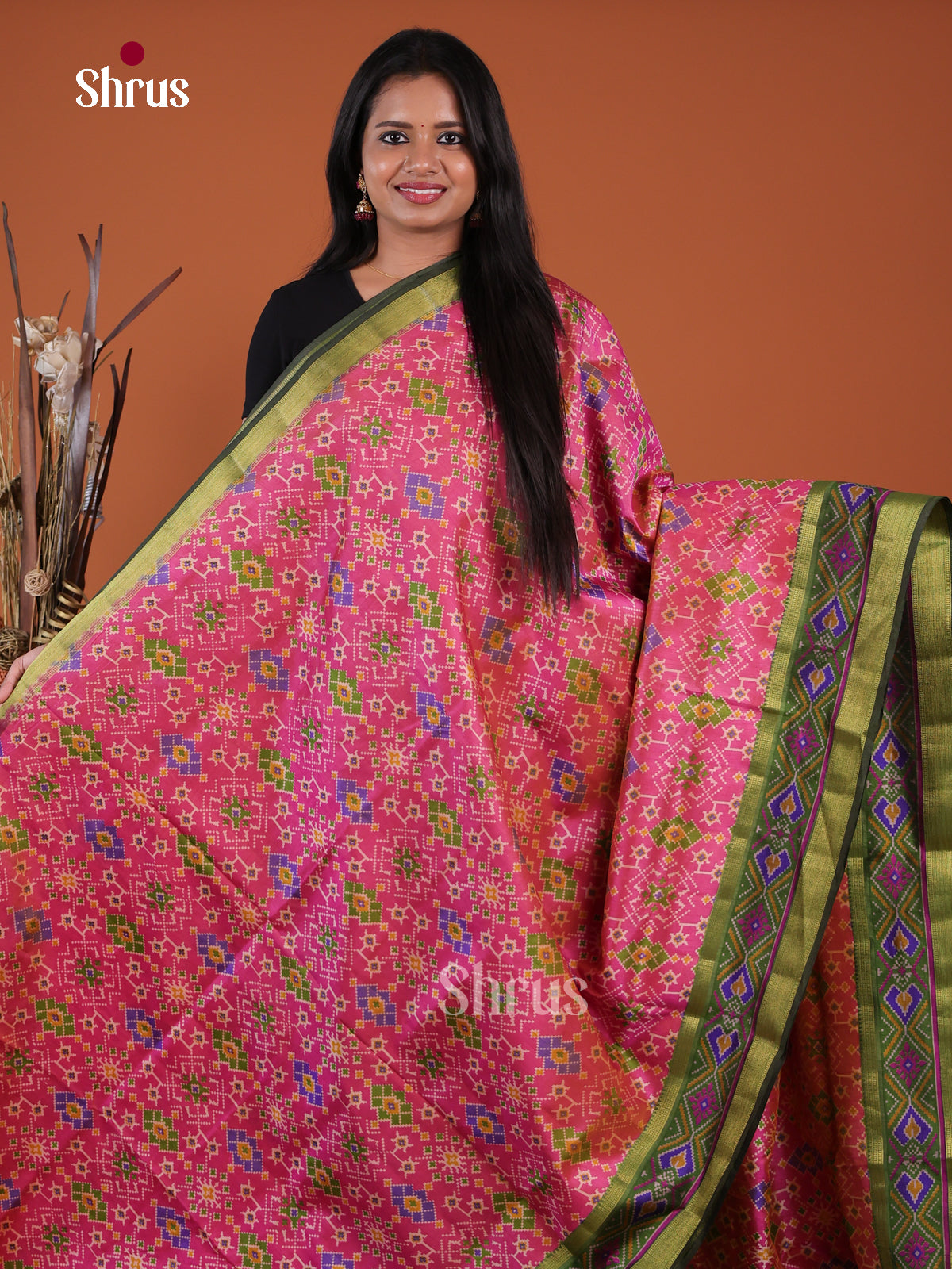 Pink & Green  -Semi Patola Saree