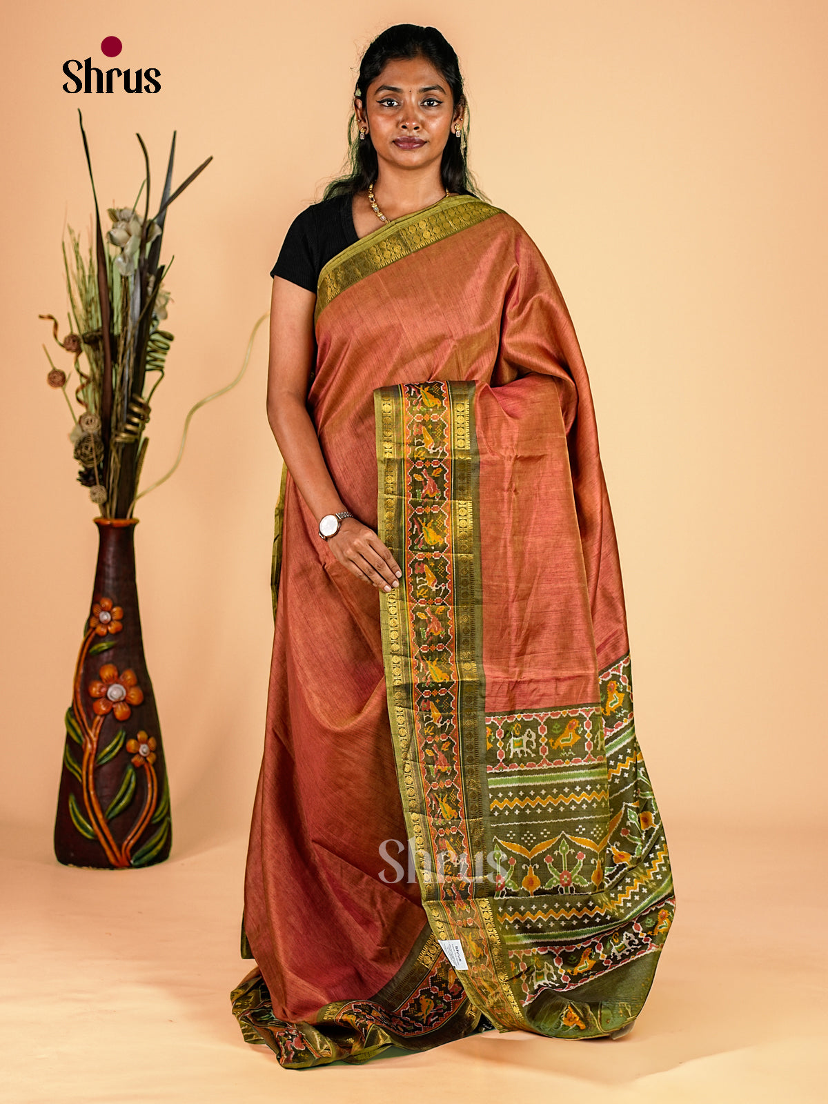 Orange & Green - Semi Patola Saree - Shop on Shrus.com