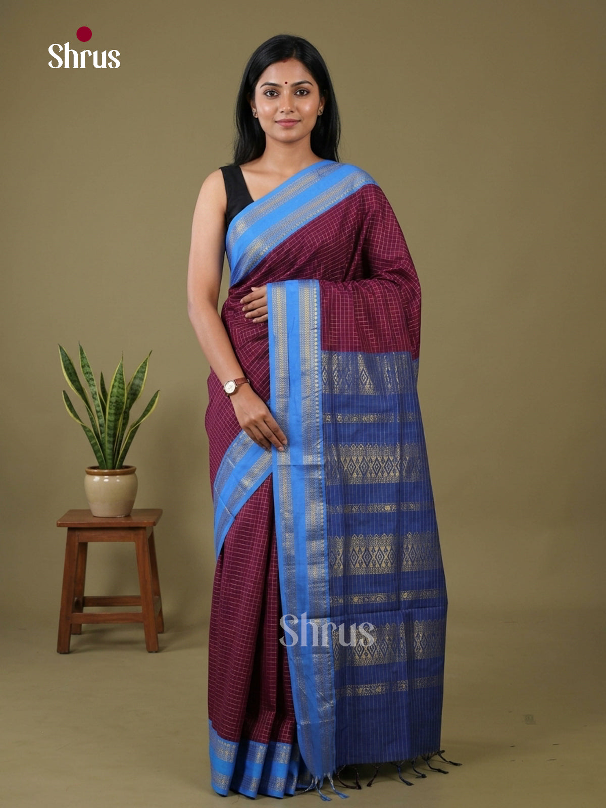 Wine & Blue - Kalyani Cotton Saree