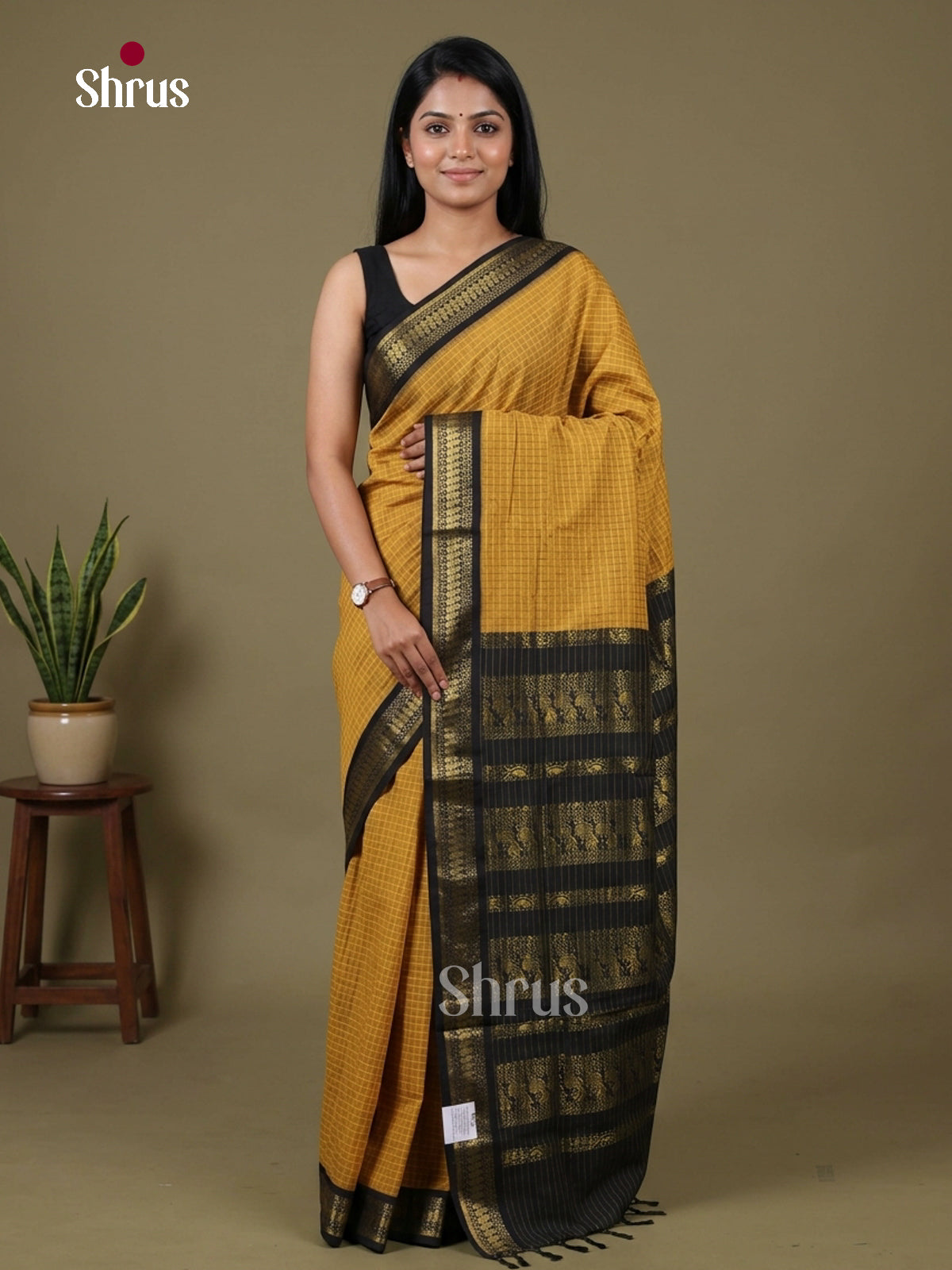 Yellow & Black - Kalyani Cotton Saree