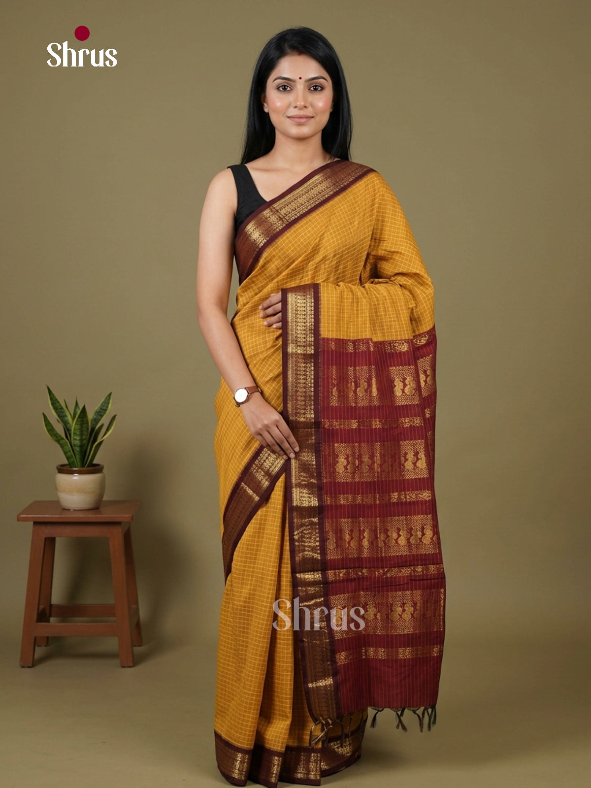 Mustard & Maroon - Kalyani Cotton saree