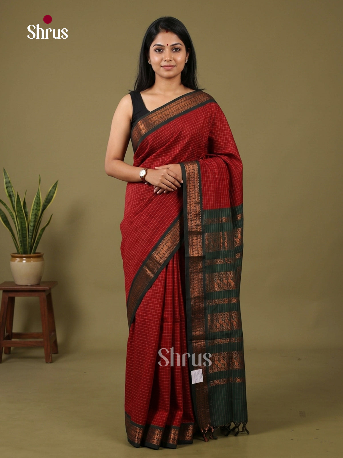 Maroon & Green - Kalyani Cotton saree