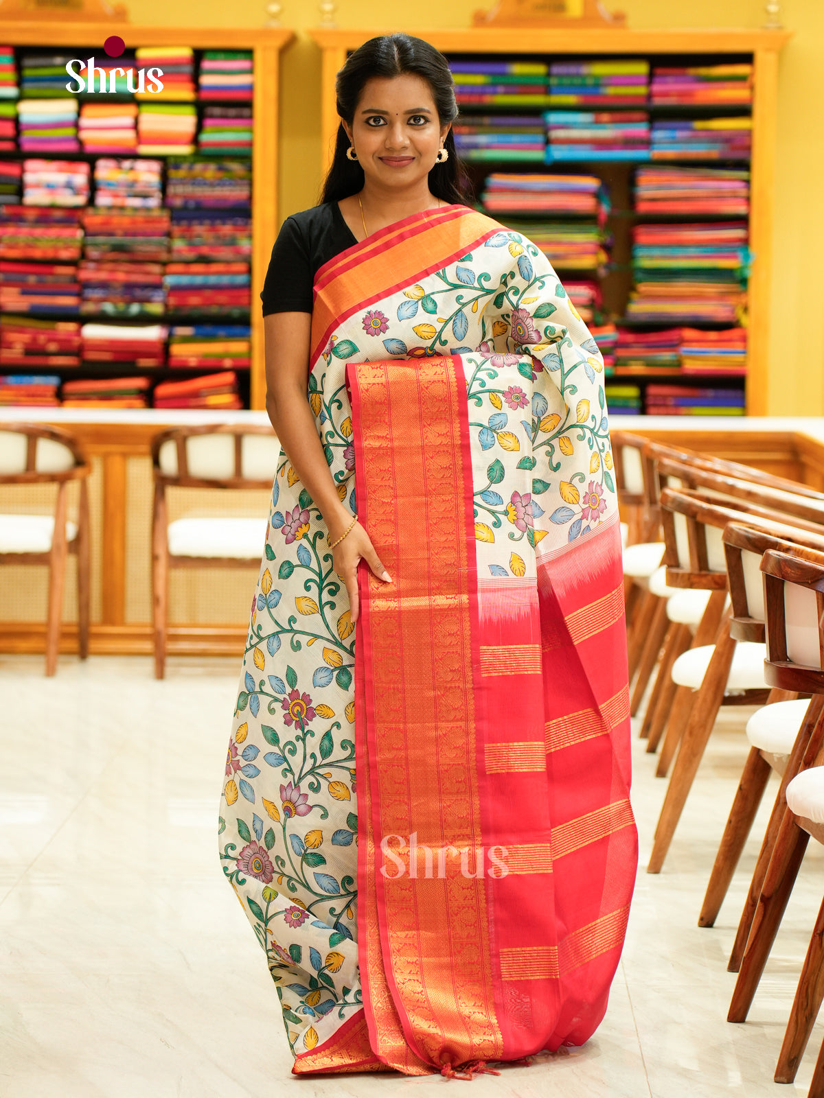 Charming Cream & Red Silk Cotton Saree with kalamkari floral print & Zari border