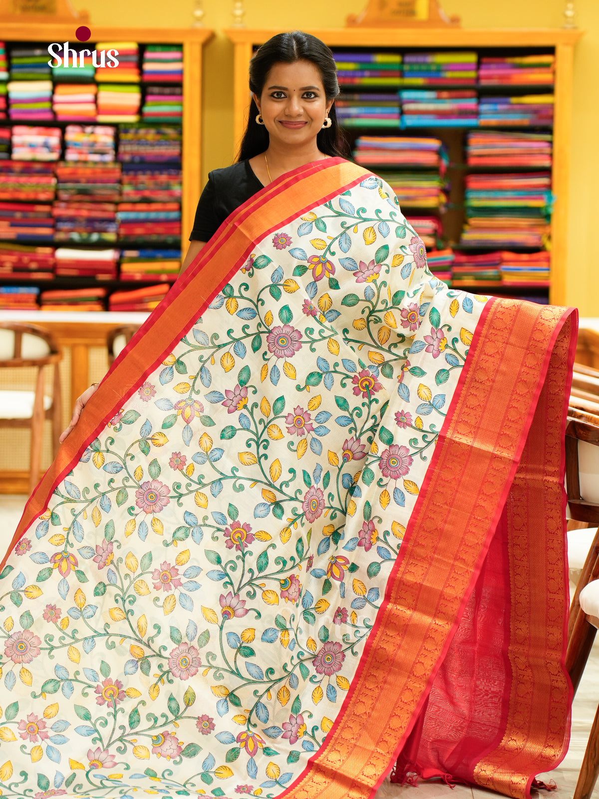 Charming Cream & Red Silk Cotton Saree with kalamkari floral print & Zari border