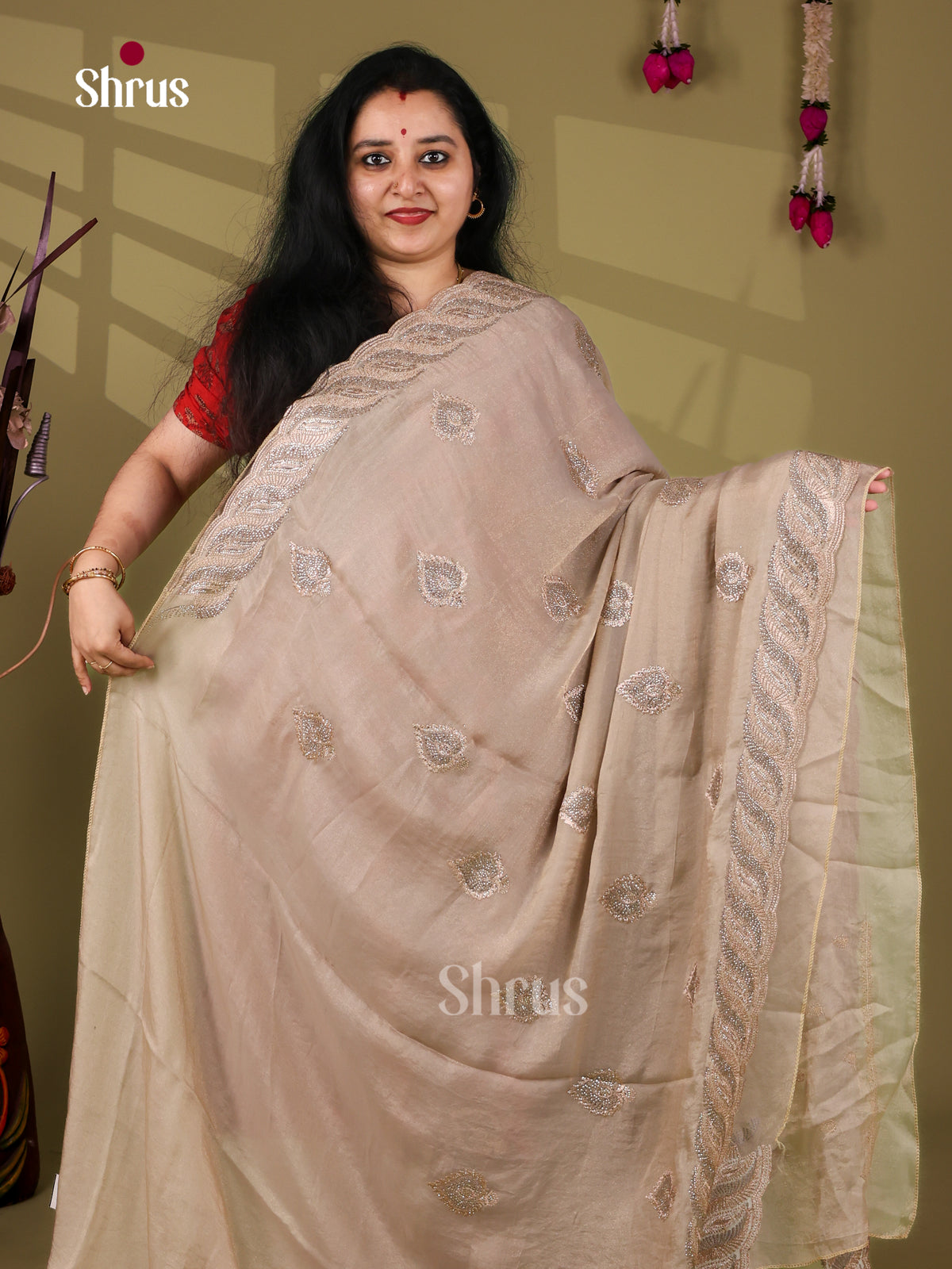 Graceful Grey Designer Saree with leaf embroidery