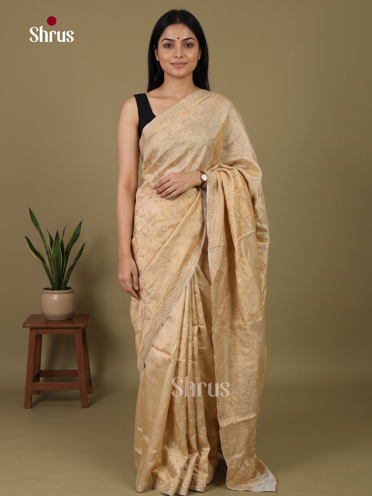 Lustrous Beige Designer Saree  with floral nestling stone work - Shop on Shrus.com