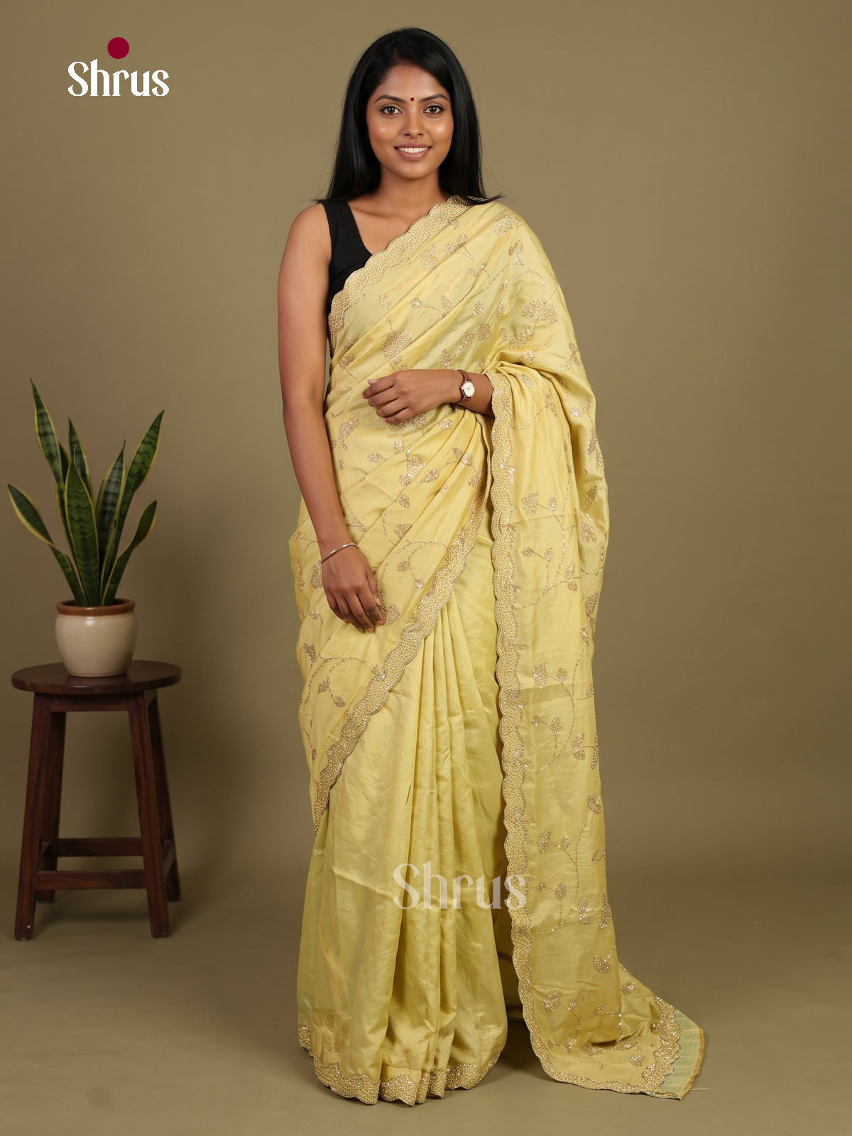 Luminous Lemon Yellow Designer Saree with Stone Work - Shop on Shrus.com