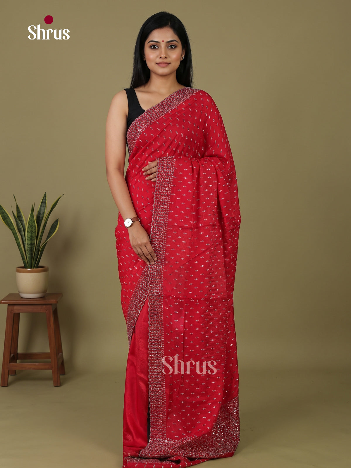 Bright Red Designer Saree  with Stone Work - Shop on Shrus.com