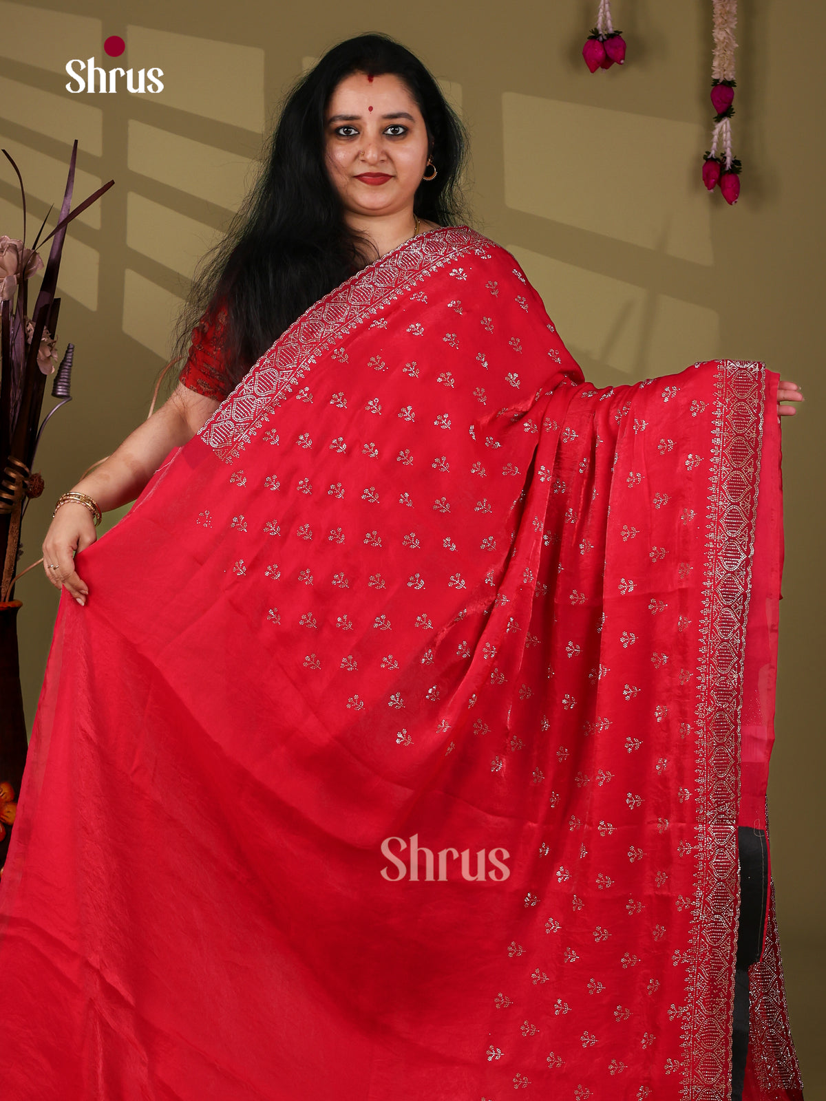 Bright  Red Designer Saree with stone work
