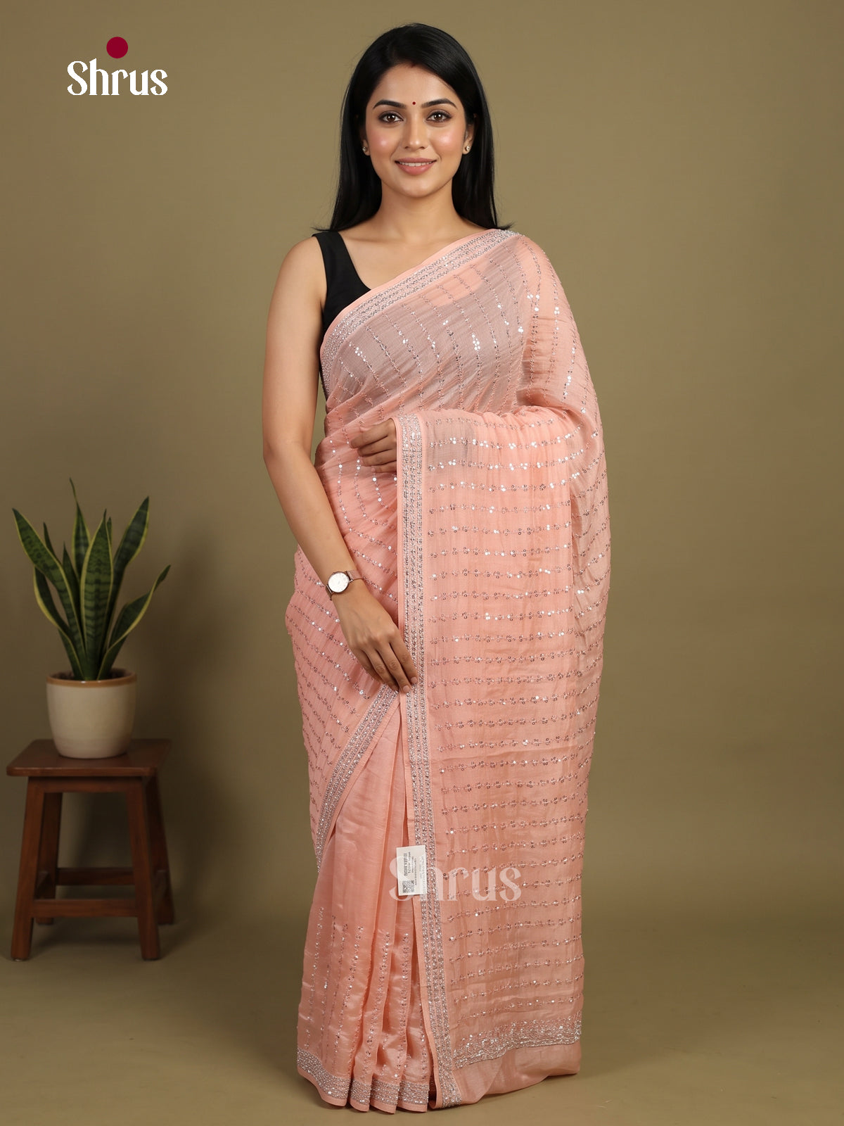 Chic Peach Designer Saree with stone work - Shop on Shrus.com